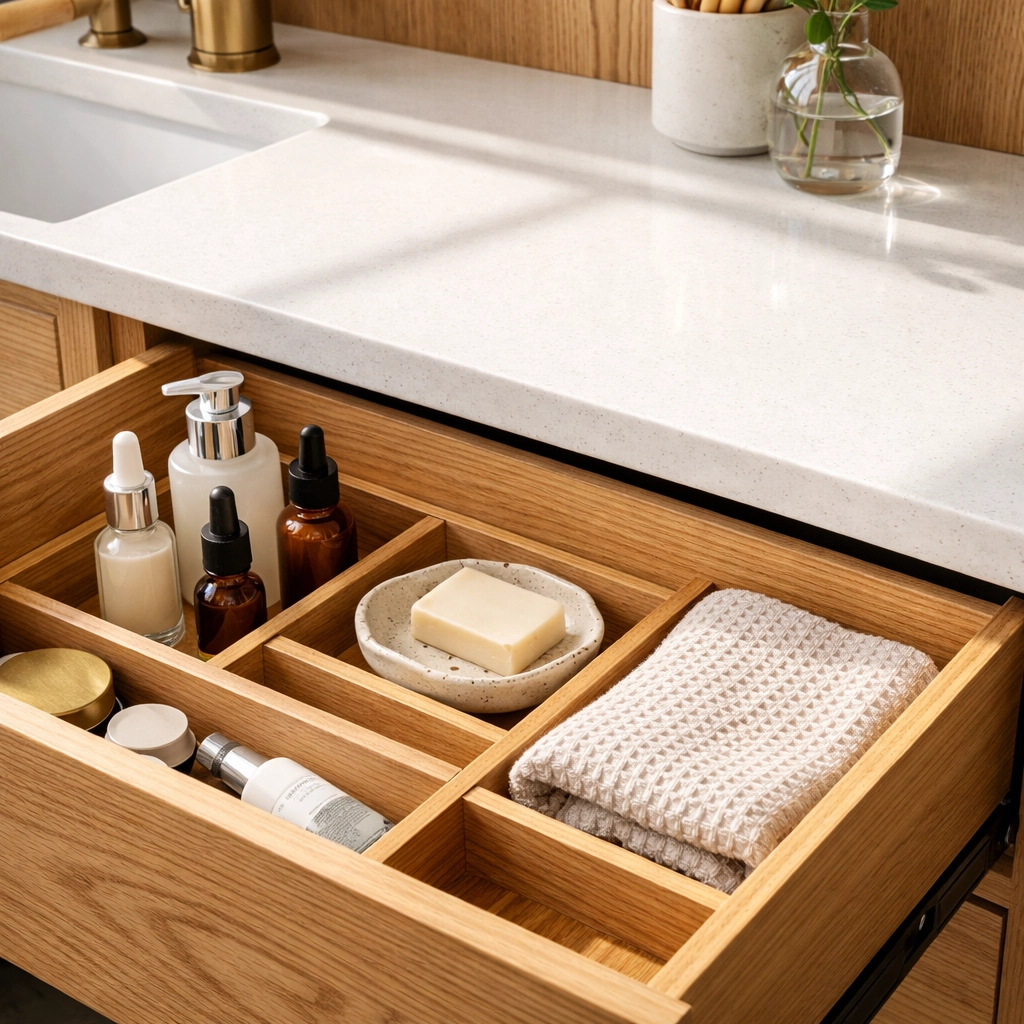 Custom white oak bathroom vanity drawer with built-in organizers for a modern Minnesota home remodel.