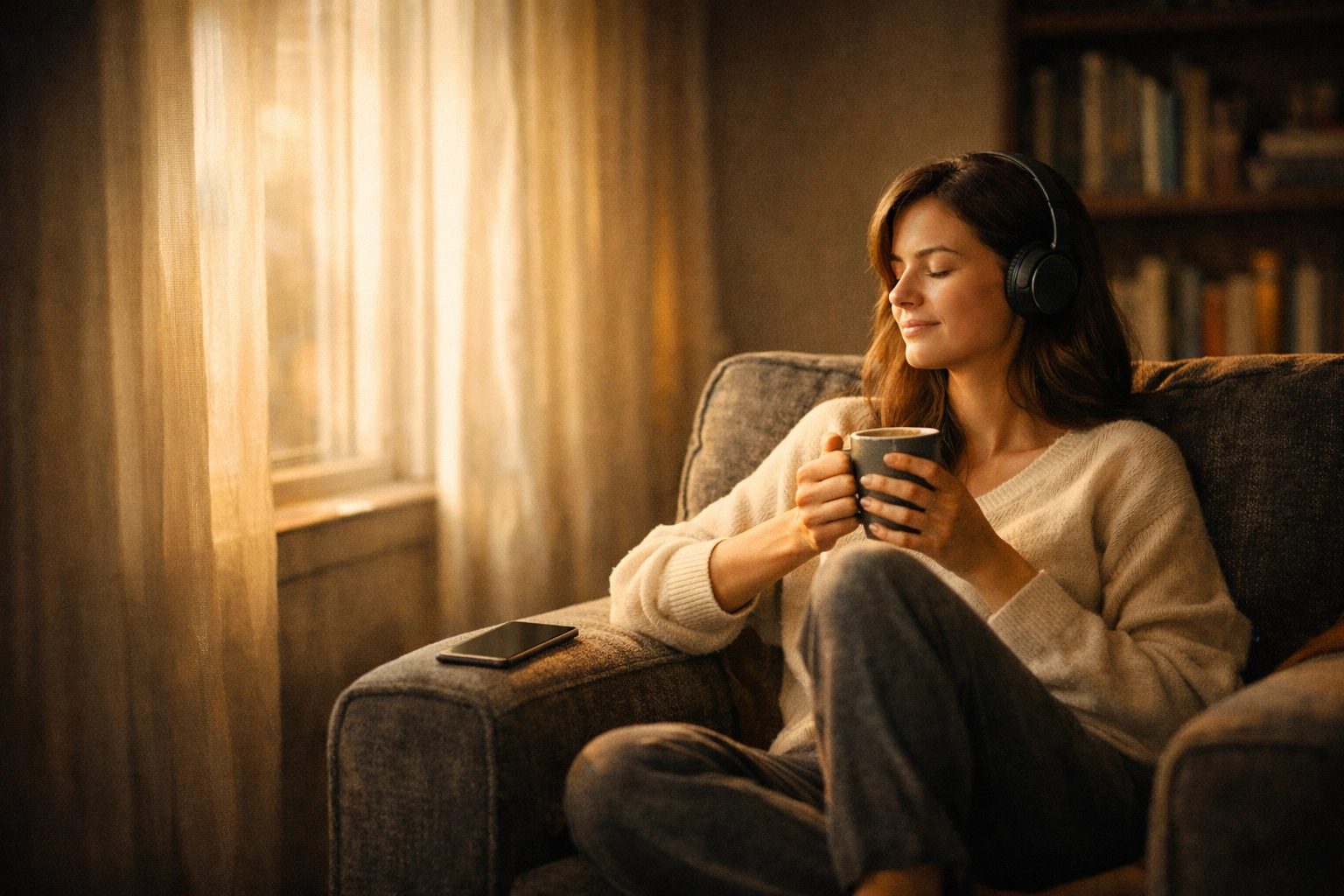 Woman listening to Bible study podcast with headphones while relaxing in chair by window