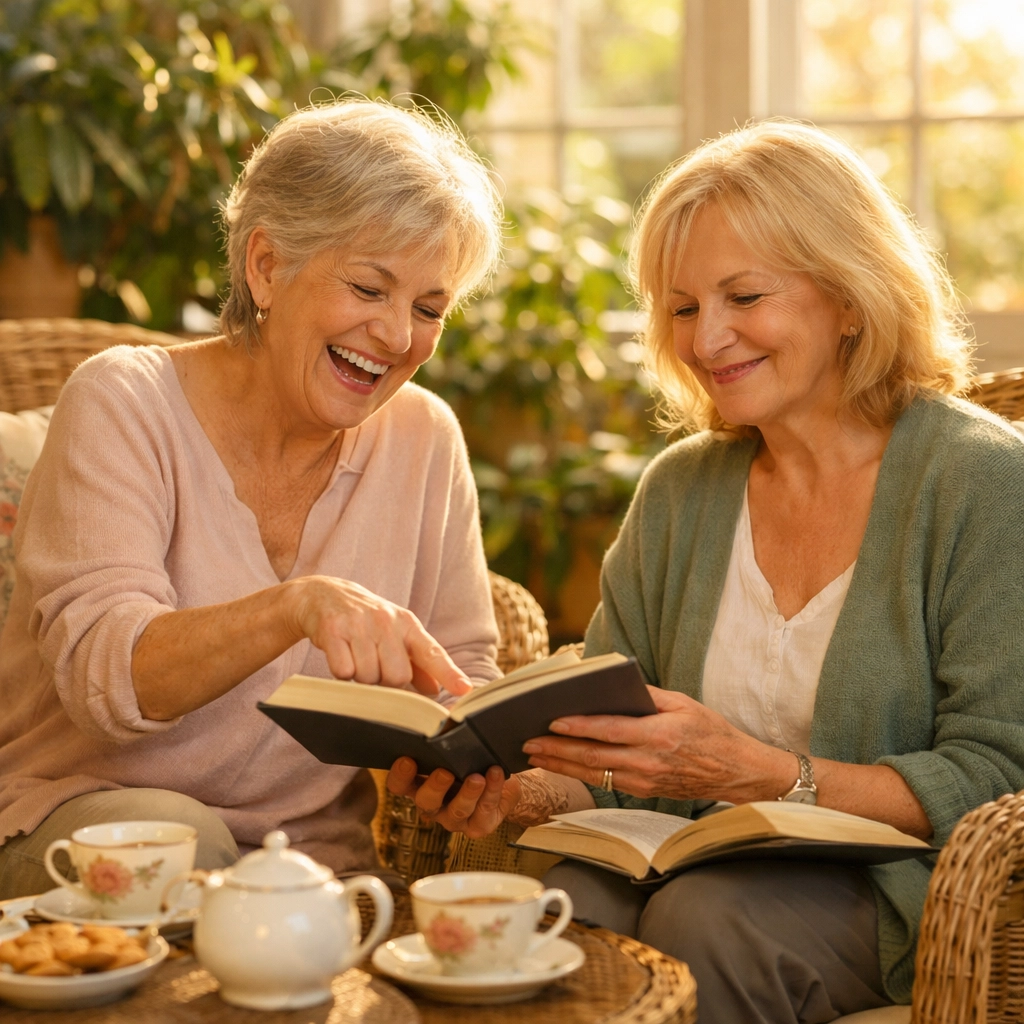 Two older lesbian women laughing and reading books together in a sunny, plant-filled sunroom.