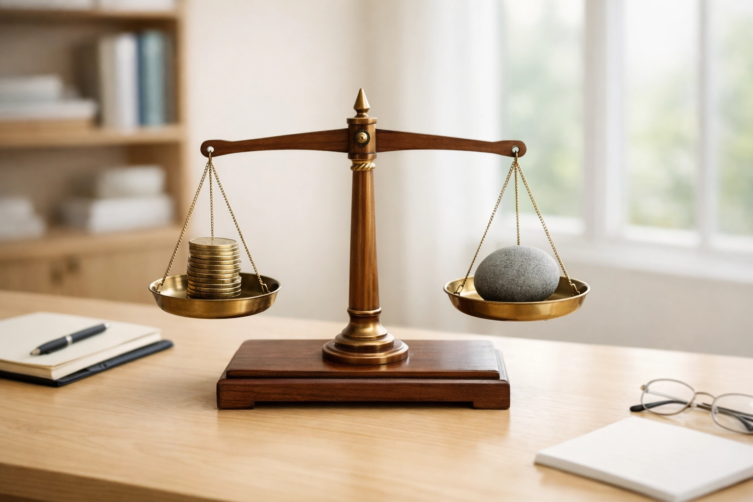 Balance scale with coins and stone symbolizing fair wages and dignity in Christian business
