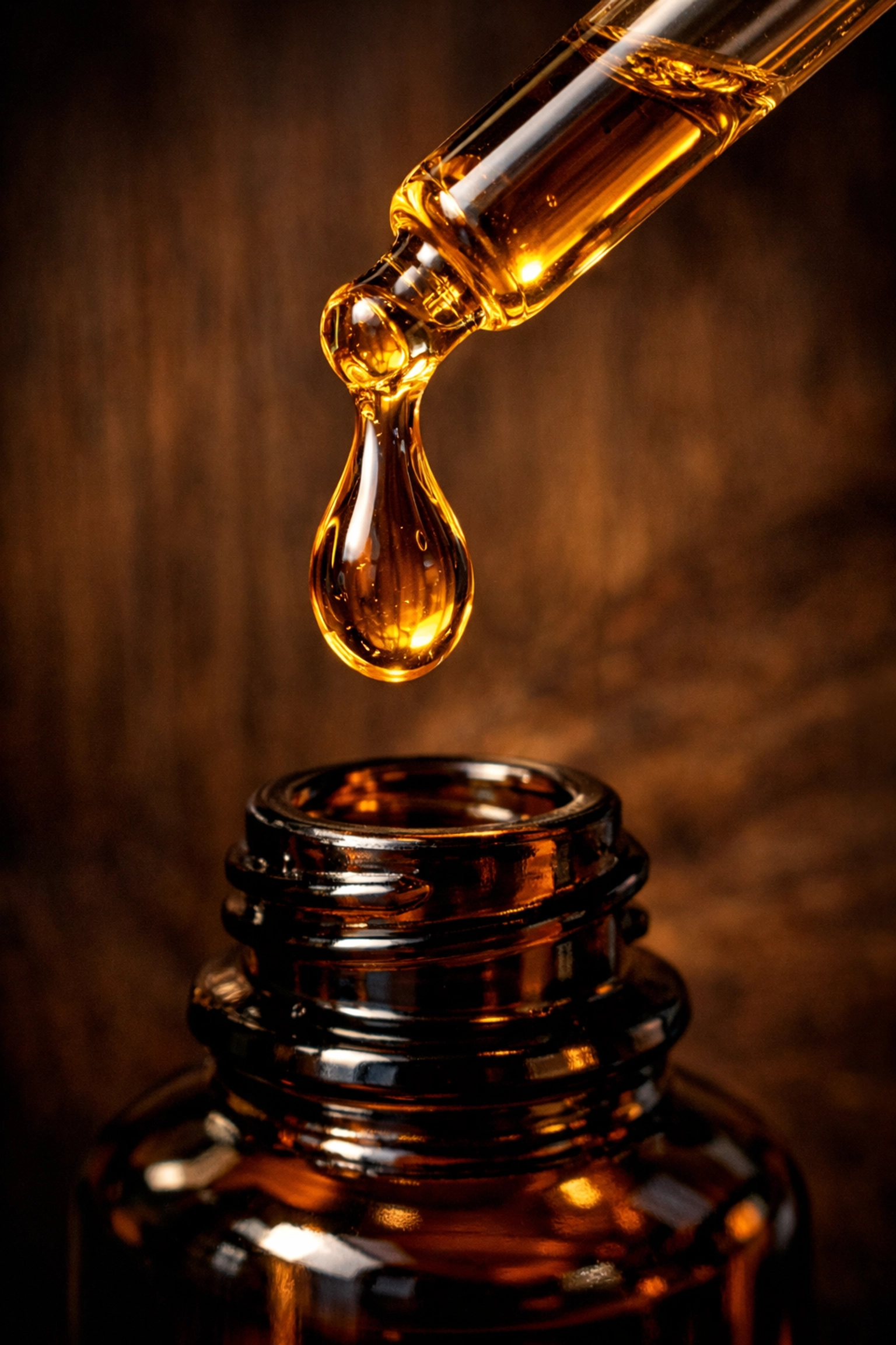 High-concentration fragrance oil dripping into an amber bottle representing long-lasting Parfum Extrait.