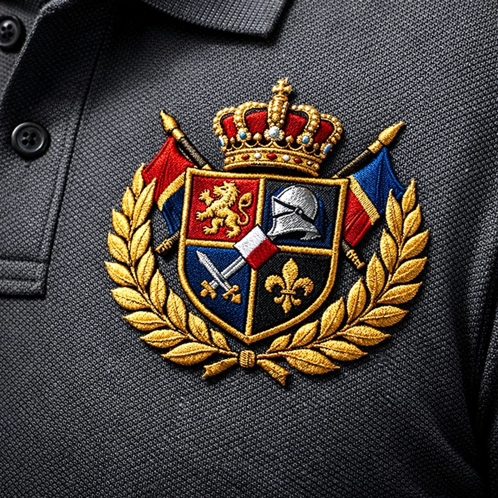 Close-up of professional embroidered logo on a high-quality charcoal grey polo shirt for Dallas businesses.