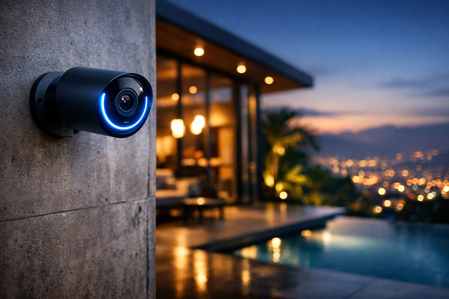 Sleek AI security camera on a luxury villa providing 24/7 residential security in Medellin.