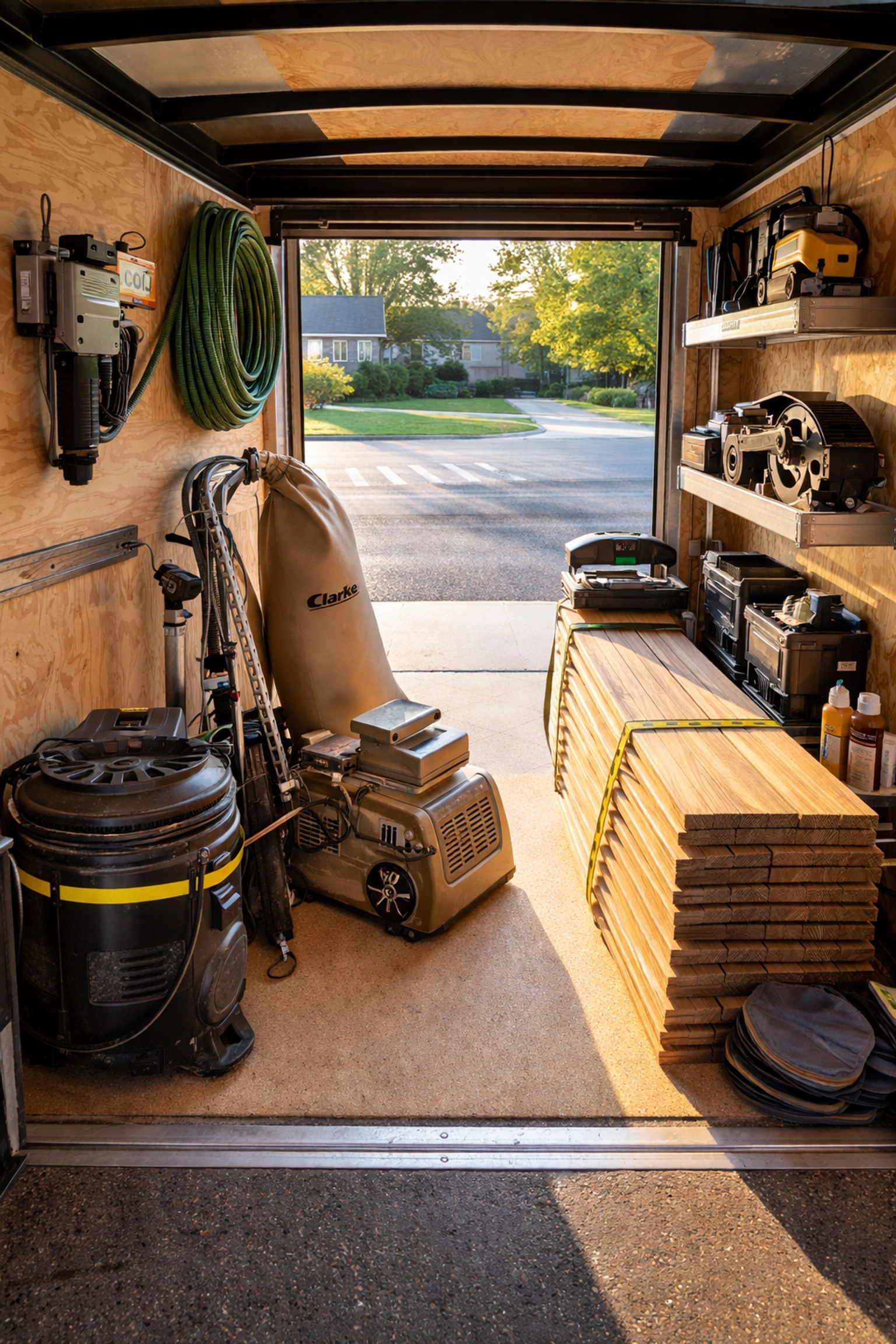 Securely stored flooring contractor tools and equipment inside a trailer, representing mobile storage coverage needs.