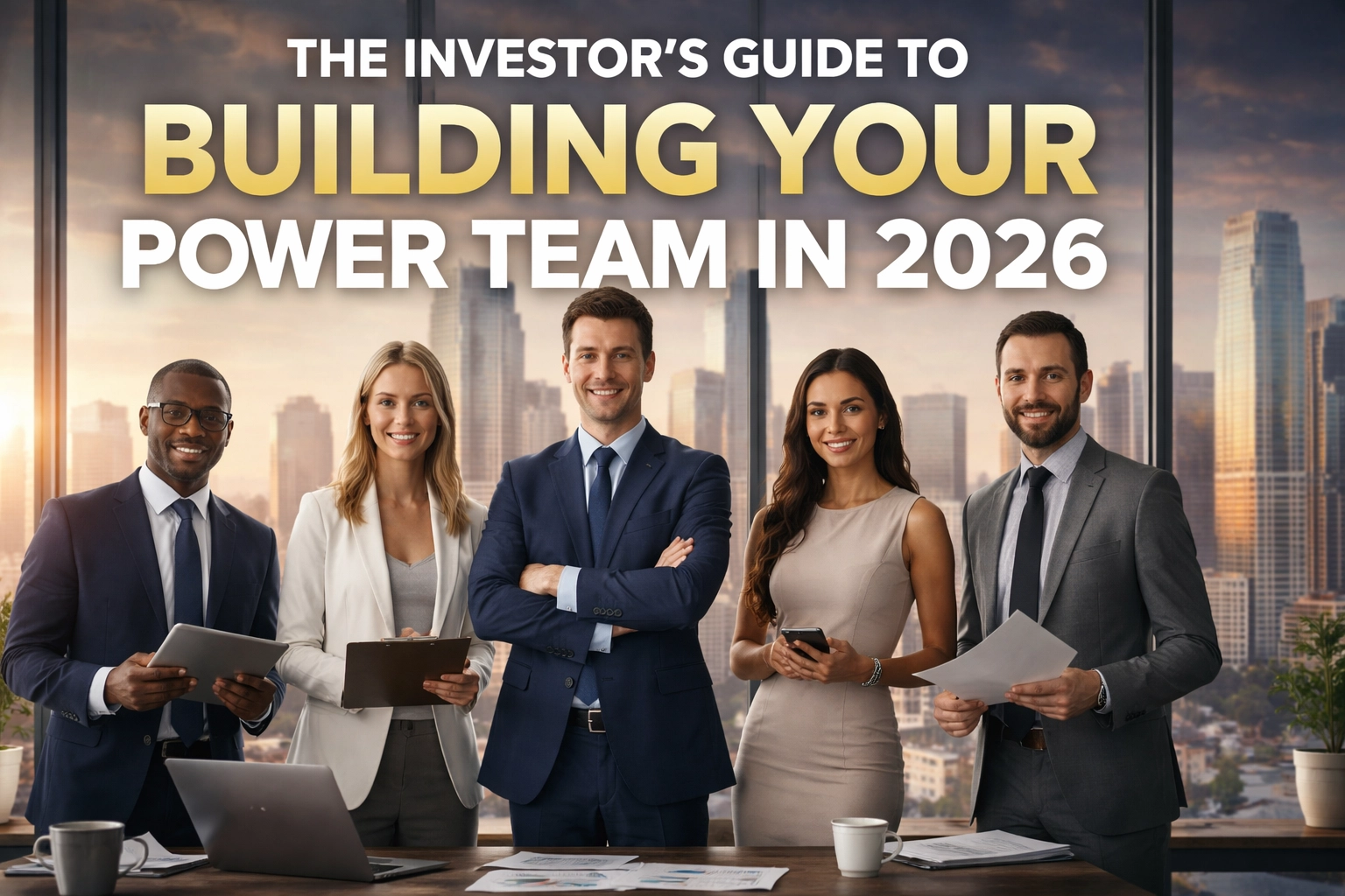 A group of real estate professionals collaborating on an investment deal