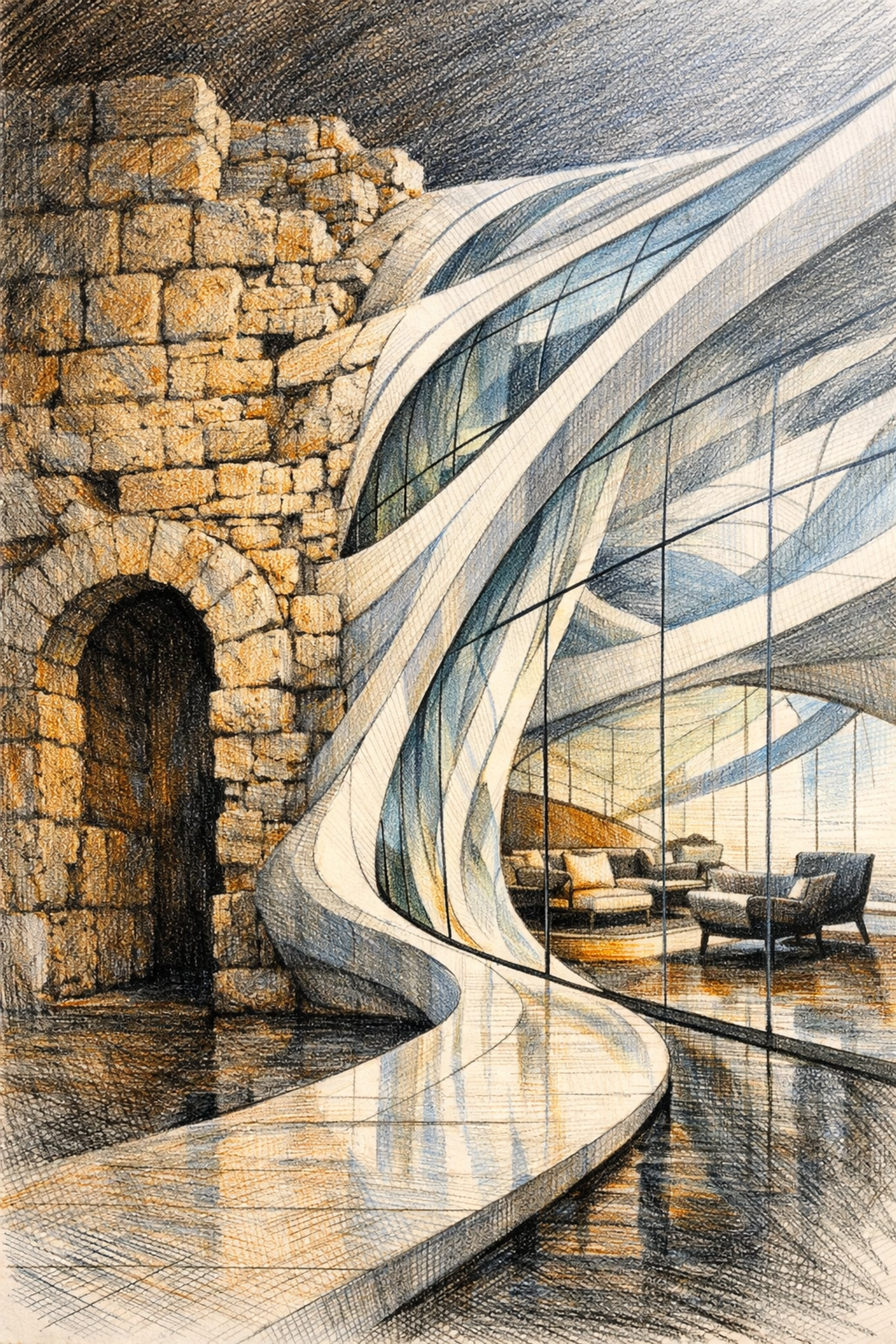 Modern glass structures intersecting with a historic Roman stone wall in a boutique luxury hotel.