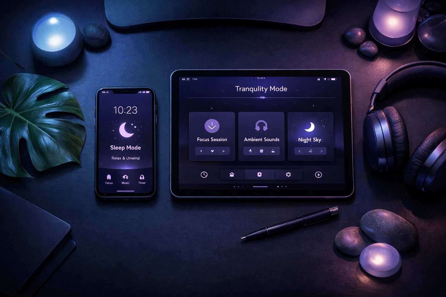 A modern sensory-friendly workspace with dark mode devices designed for neurodivergent focus.