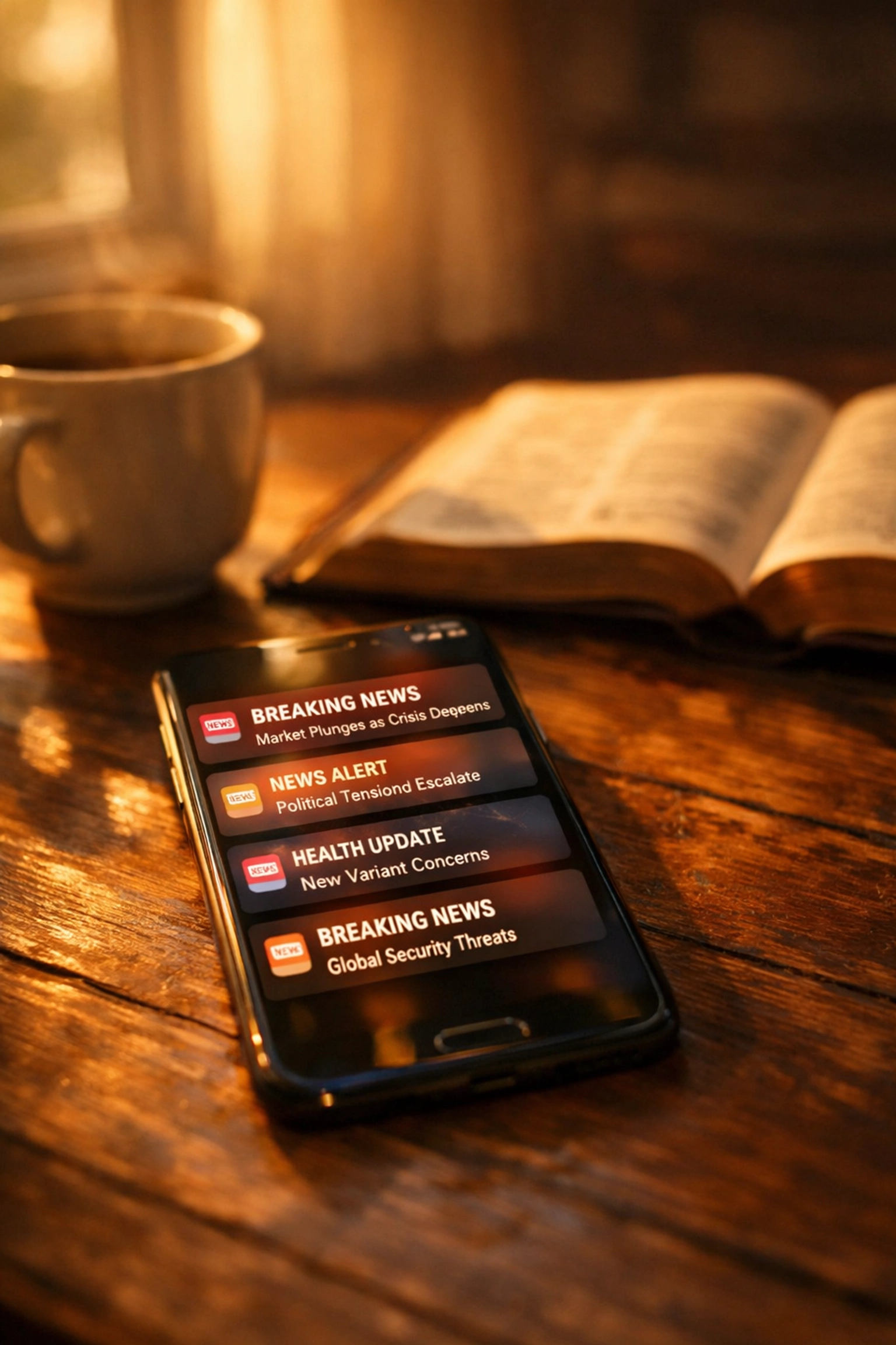 Smartphone with news notifications beside Bible and coffee cup on morning table