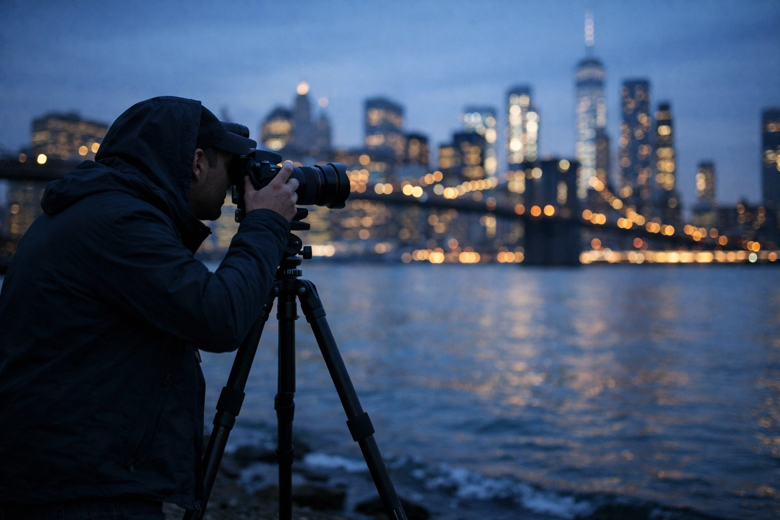 Photographer at Brooklyn Bridge Park during blue hour, a premier New York City photography location.