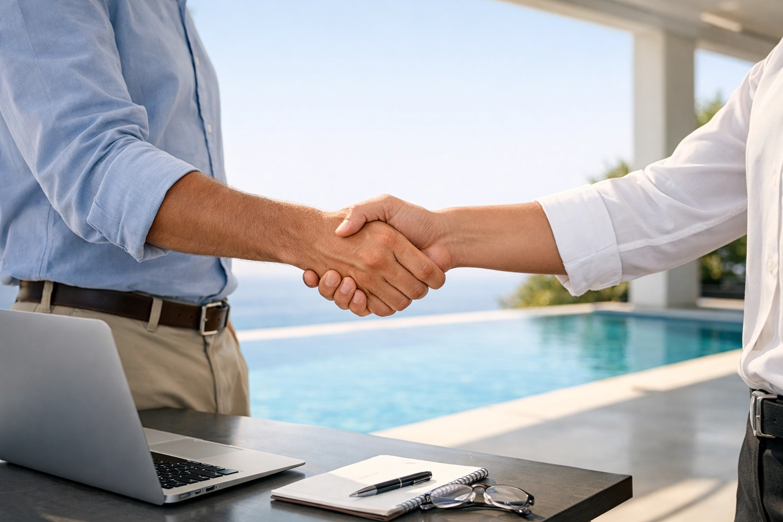 Professional handshake at a modern pool pavilion representing a lucrative pool route business transition.