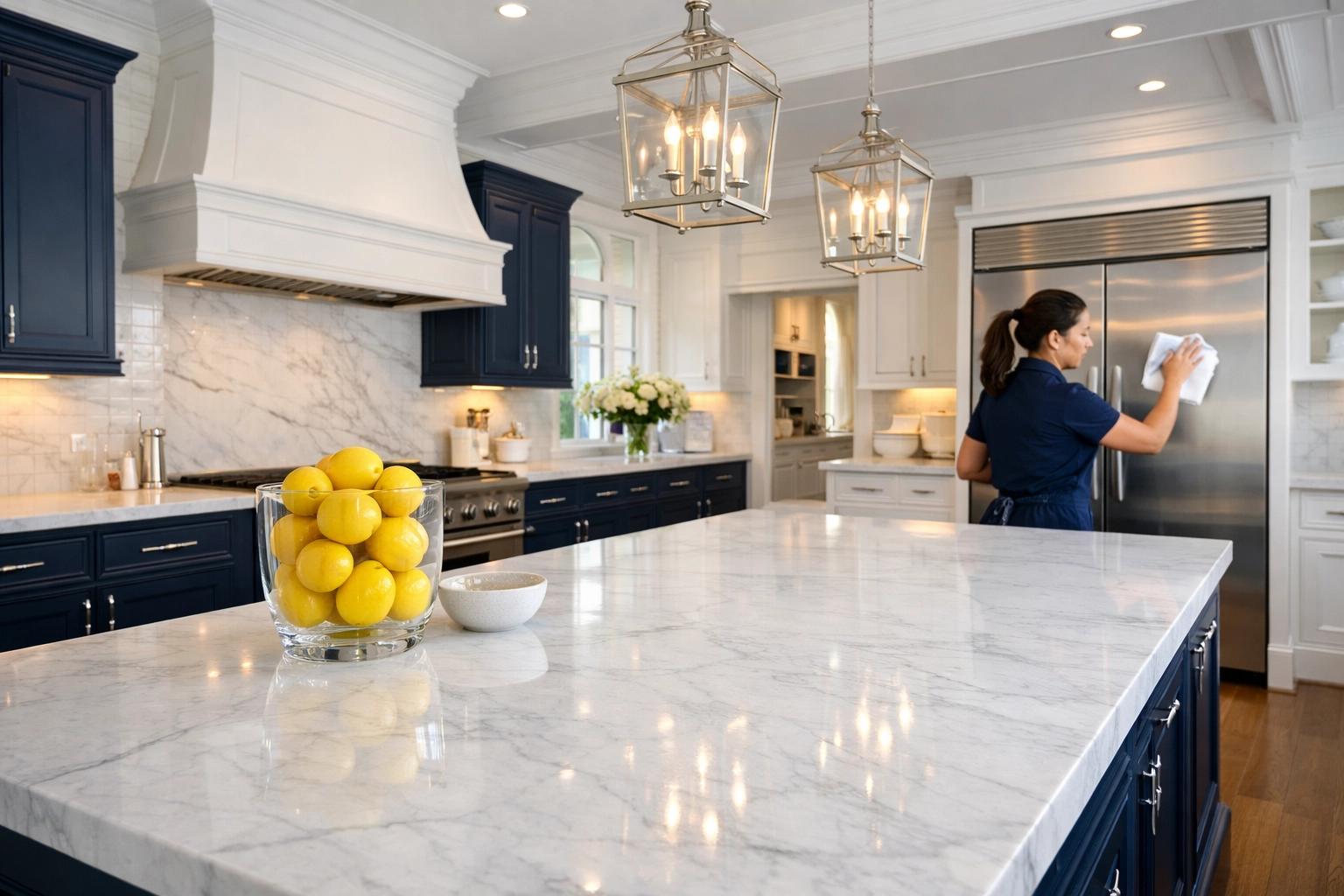 Professional residential cleaning Massachusetts team detailing a luxury Dover kitchen with marble finishes.