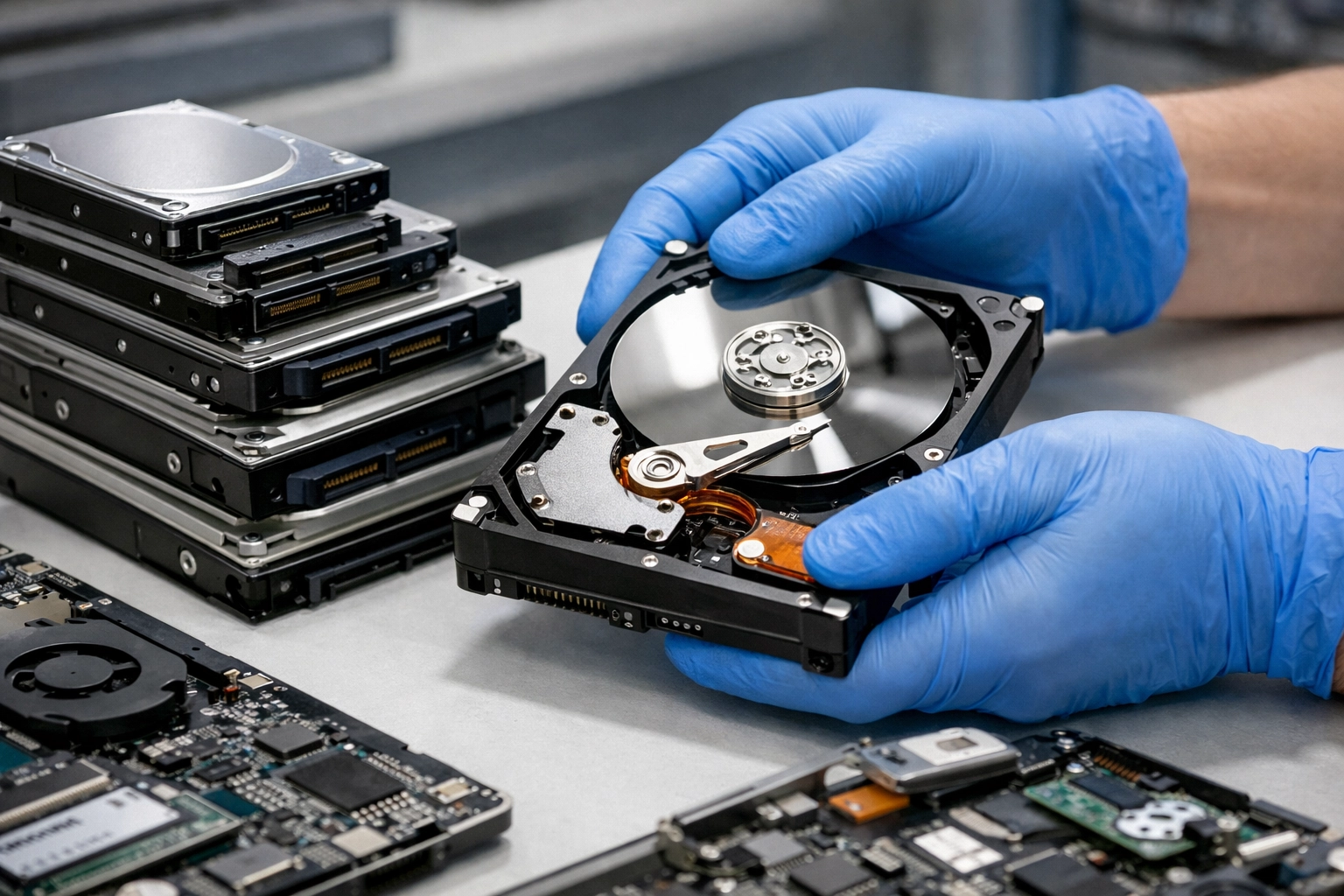 Secure data destruction and IT recycling showing computer hard drives being handled by a professional.