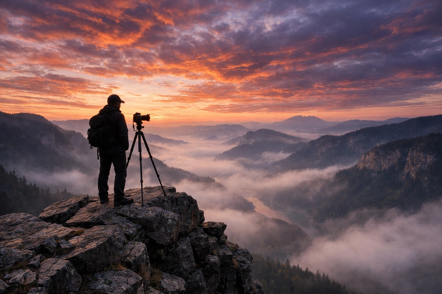 Photographer overlooking a misty valley at dawn, representing human creativity within AI-driven photography tutorials.
