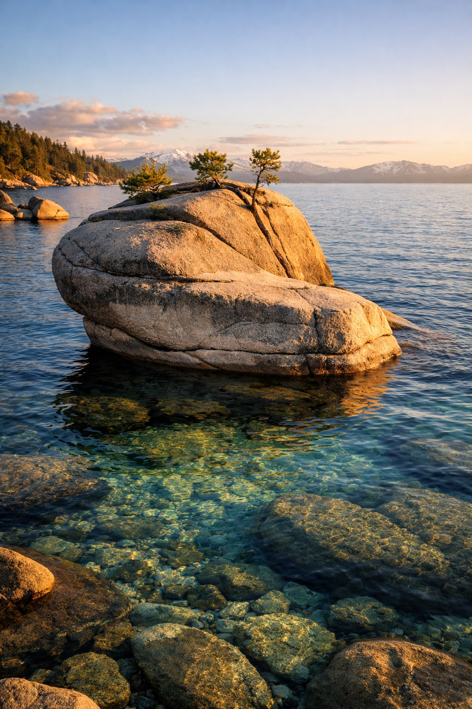 Bonsai Rock at golden hour, one of the best photo spots in Lake Tahoe for capturing clear water and granite.