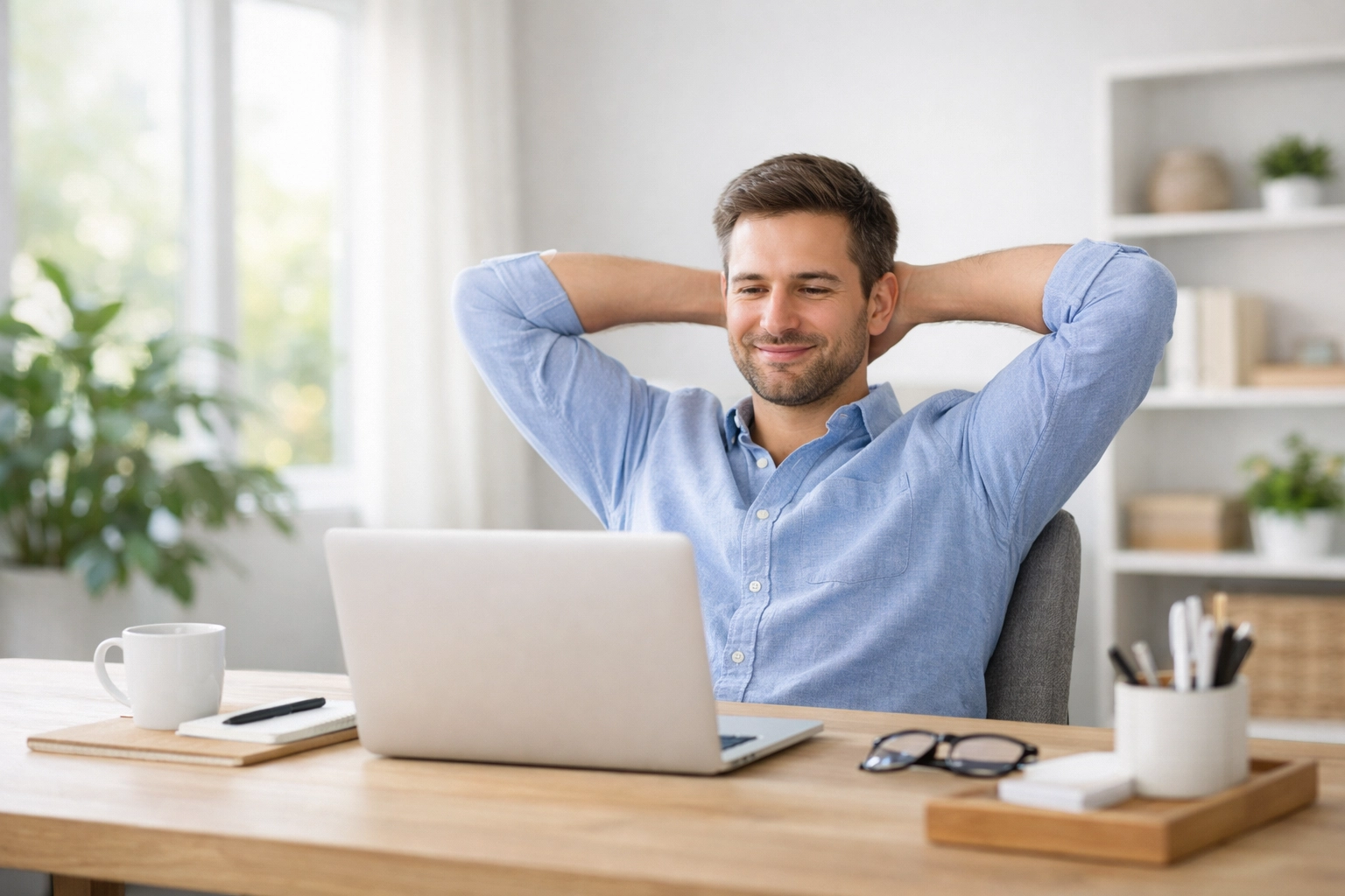 Man looking relieved at laptop reflecting on lower interest rates and affordable credit in Canada.