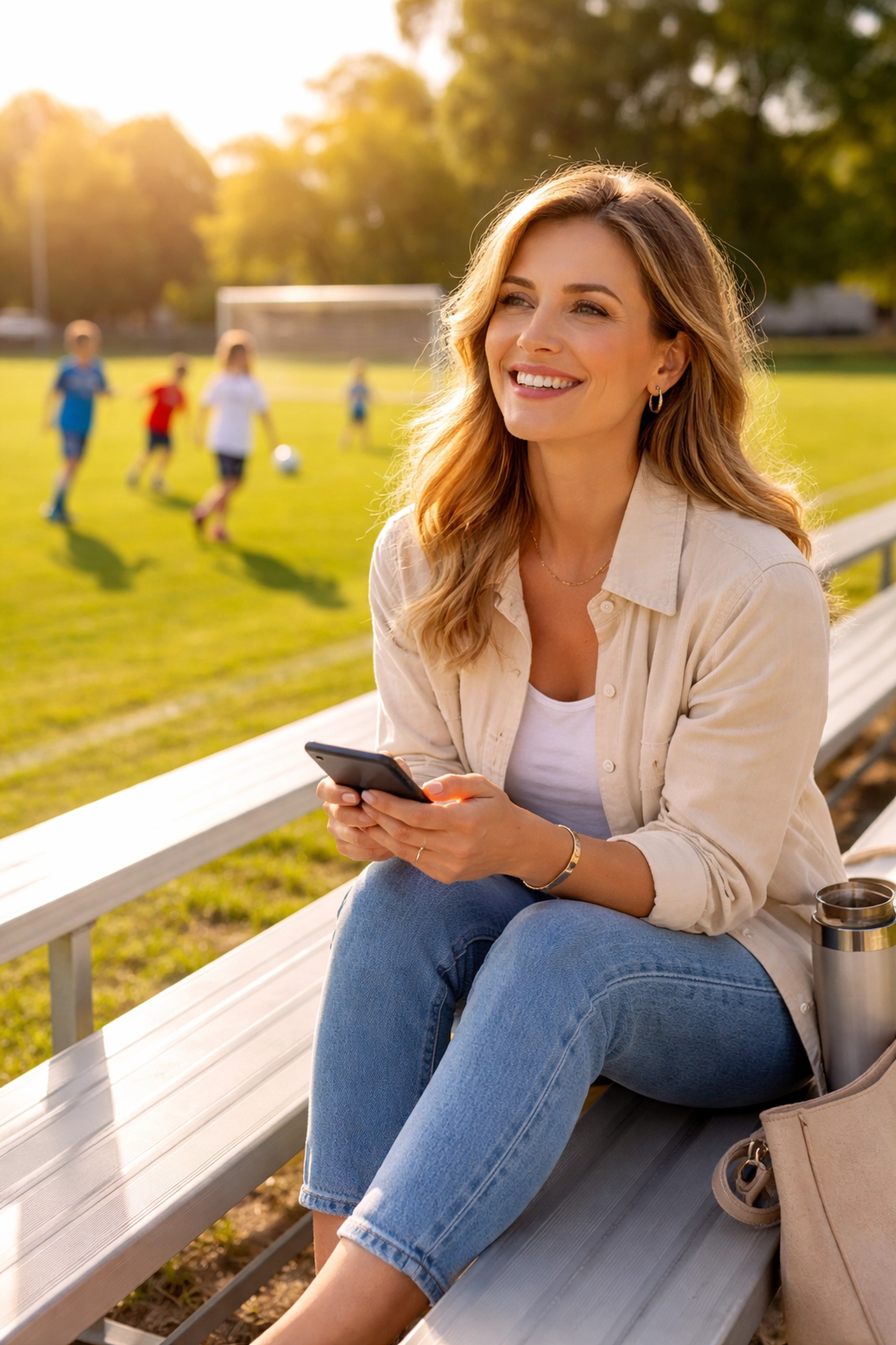 Happy mom at soccer field using phone, demonstrating flexible work-from-home lifestyle for earning extra income.