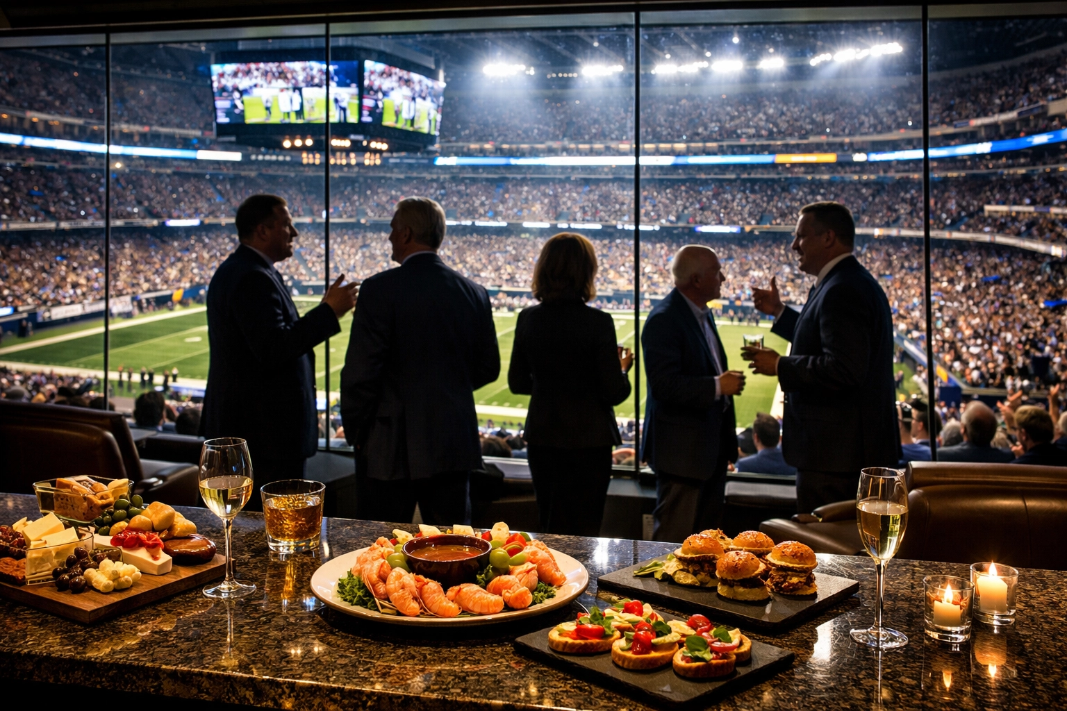 Executives networking in a luxury private stadium suite overlooking a championship football game.