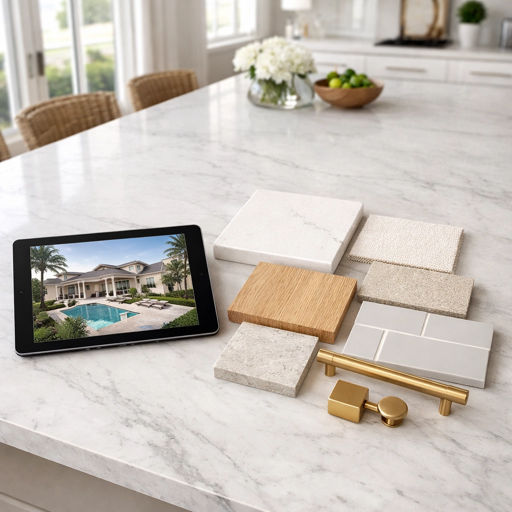 Professional kitchen remodel planning with premium materials and design samples in a modern Central Florida home.