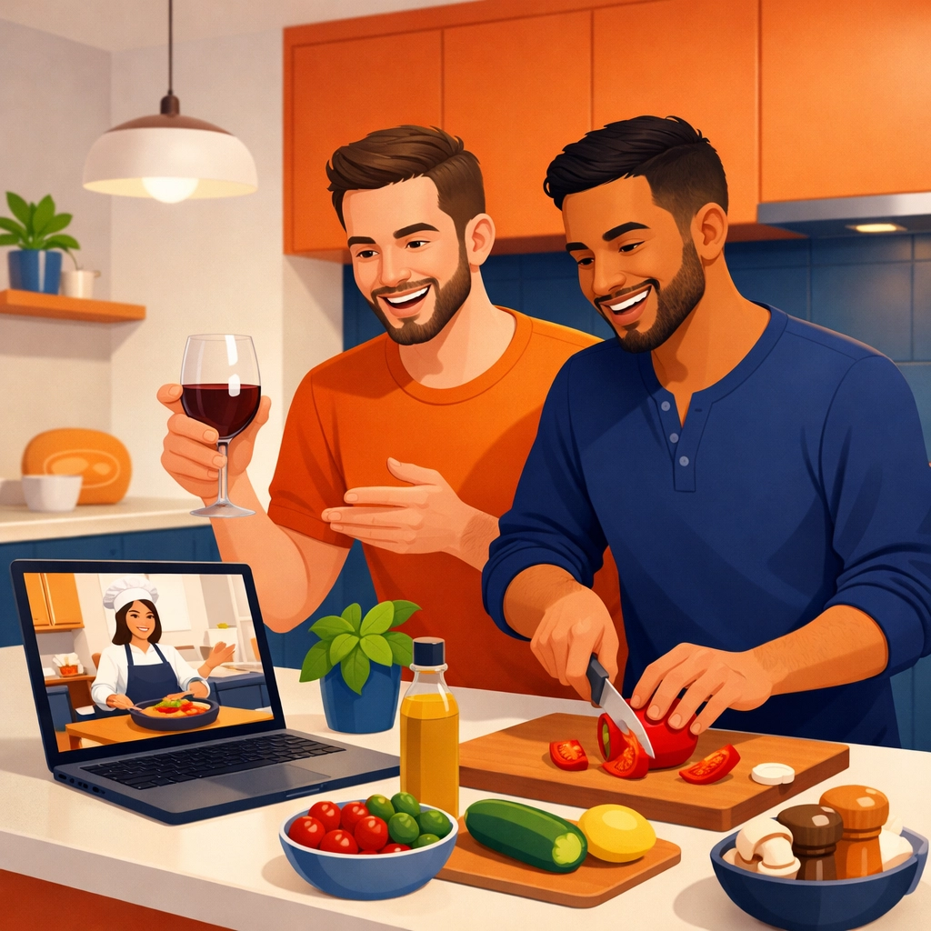 Gay couple enjoying a fun virtual cooking class date night at home with wine and fresh vegetables.