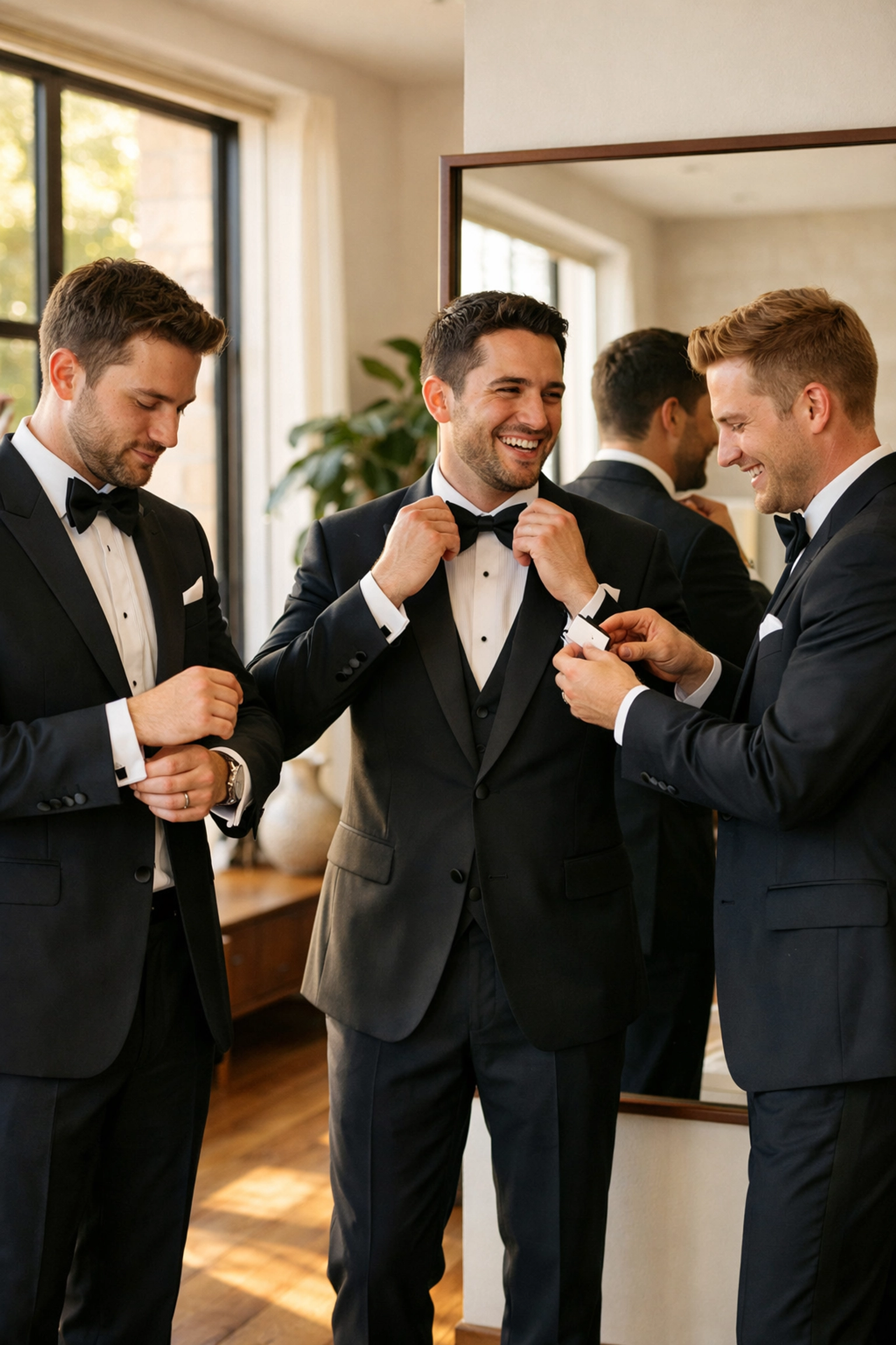 Groomsmen getting ready together adjusting bow ties and accessories in black tuxedos