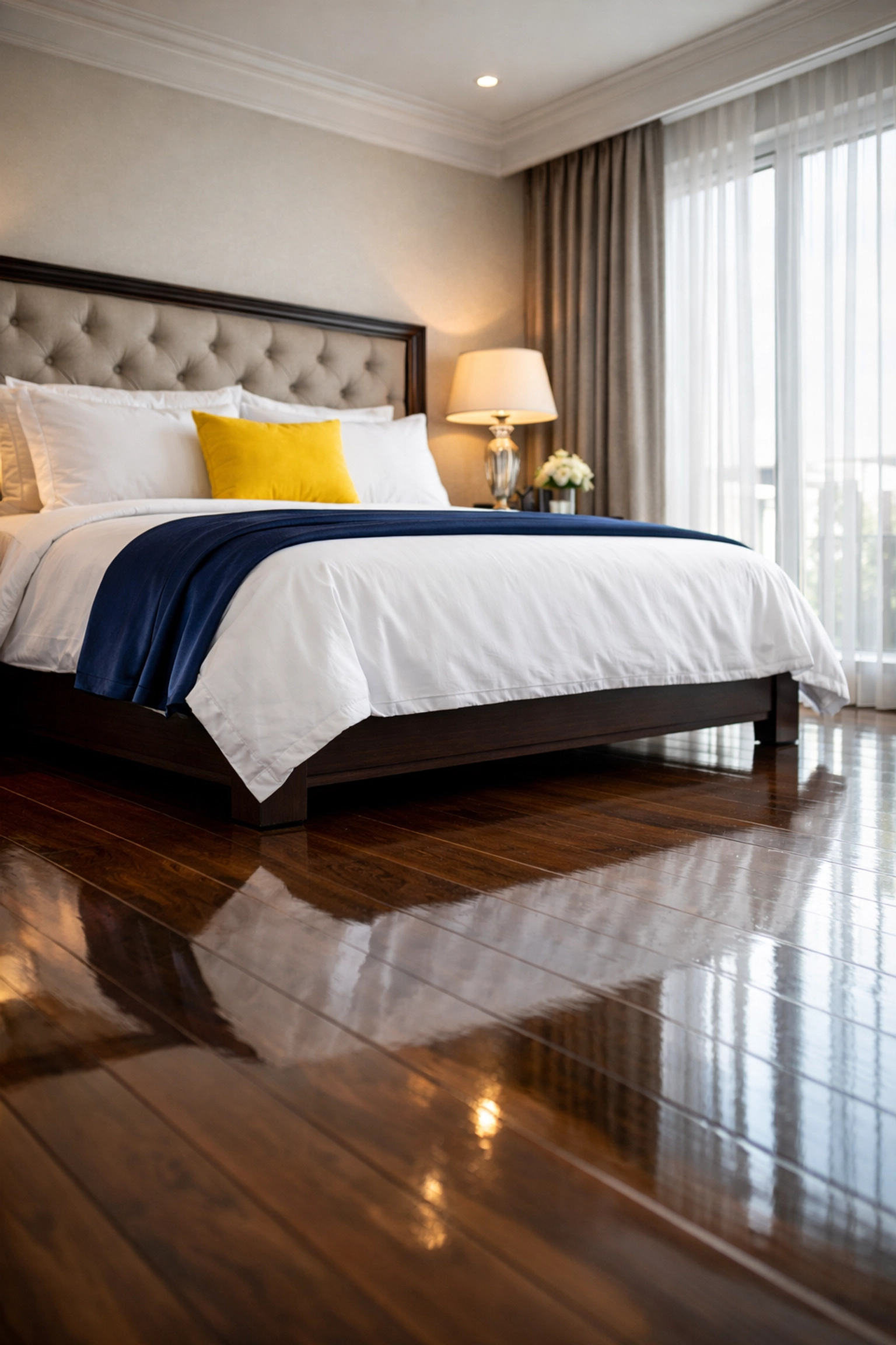 Meticulously cleaned master bedroom in Wellesley MA, reflecting premium weekly house cleaning standards.