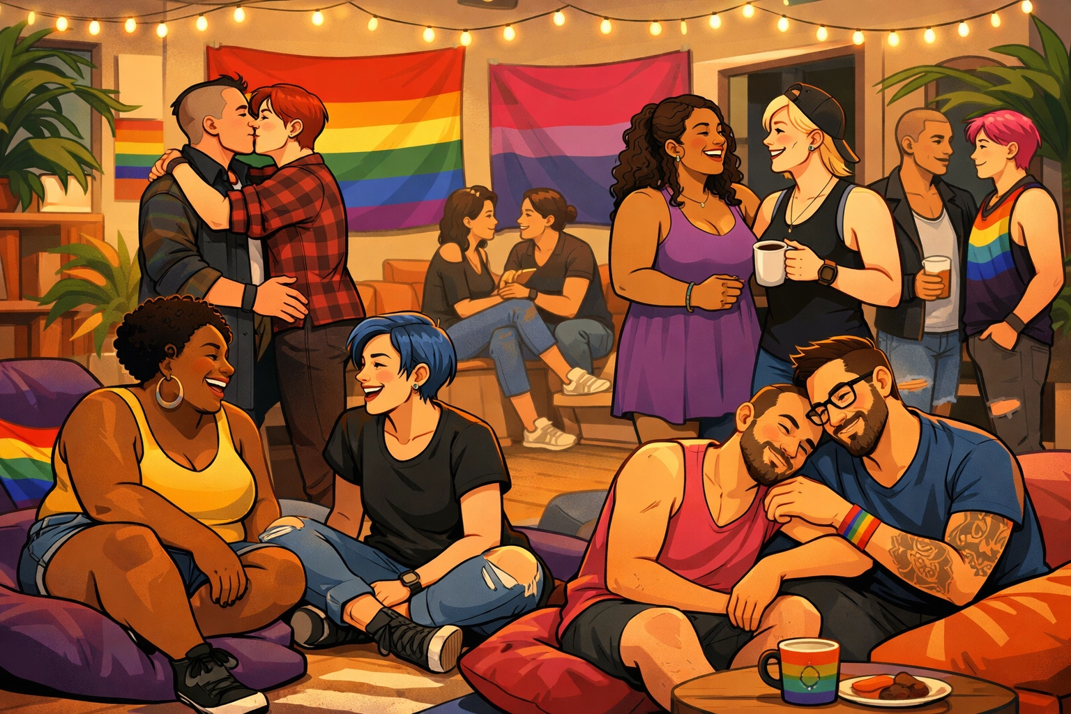 Diverse LGBTQ+ community space celebrating queer identity and chosen family with pride