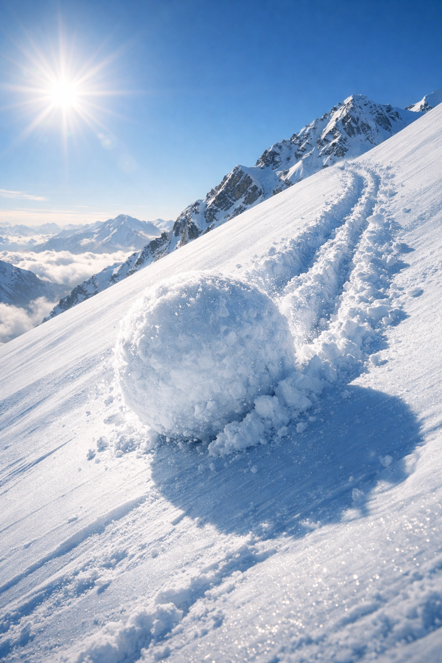 A growing snowball rolling down a mountain representing the momentum of the debt snowball method.