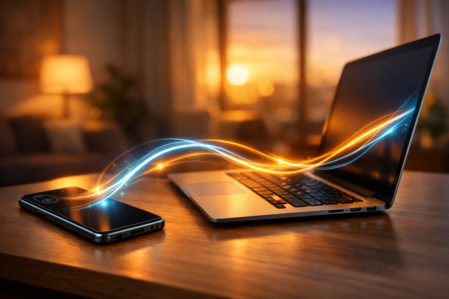 Smartphone and laptop showing digital data flow for earning passive income through bandwidth sharing.