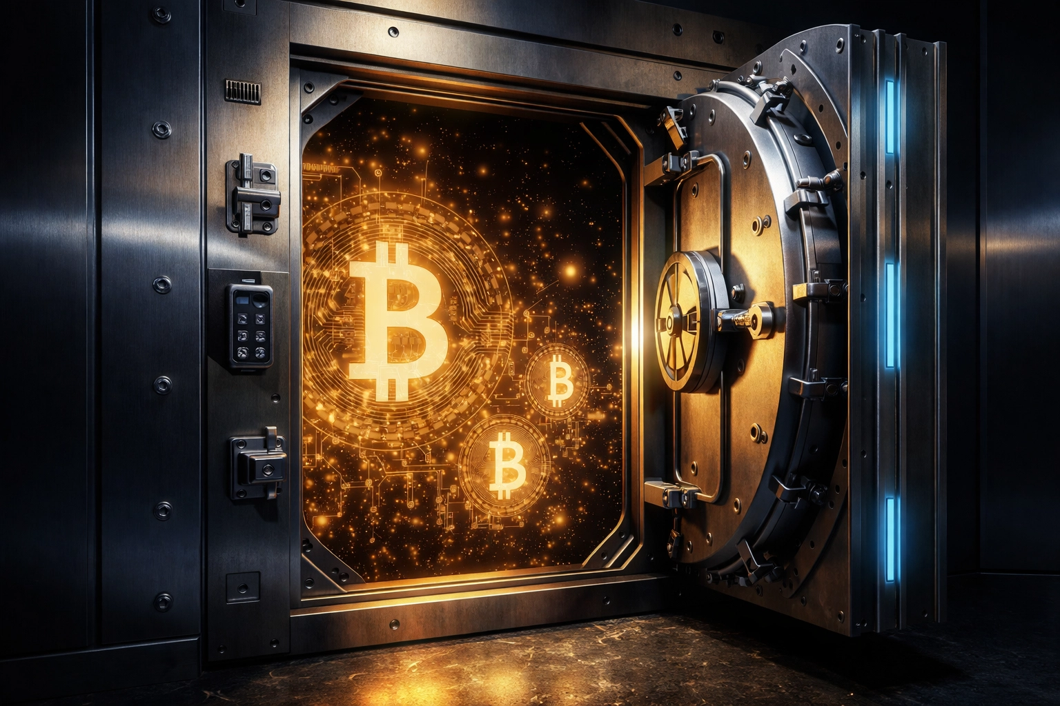Secure digital vault illustrating institutional-grade Bitcoin and crypto integration for investors