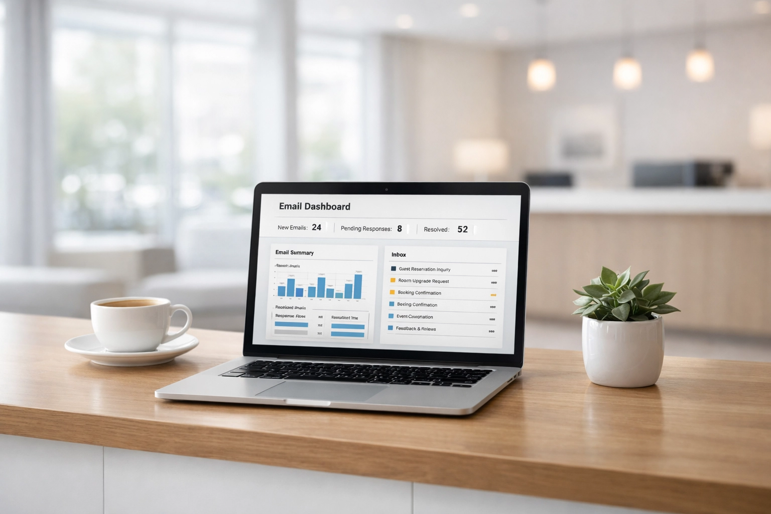 Hotel front desk with laptop displaying automated CRM email dashboard for guest communication