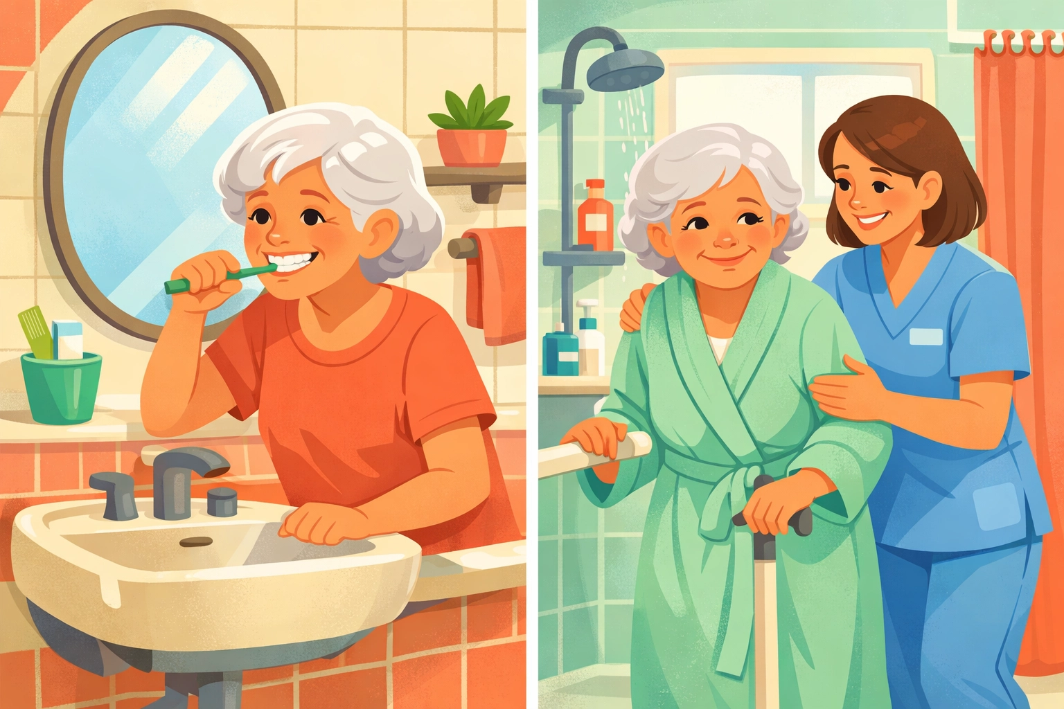Caregiver assisting elderly woman with daily living activities in bathroom