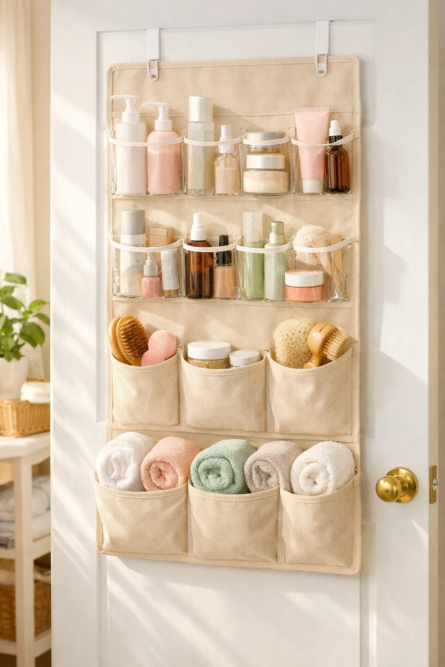 Over-the-door organizer with toiletries and washcloths for small bathroom storage