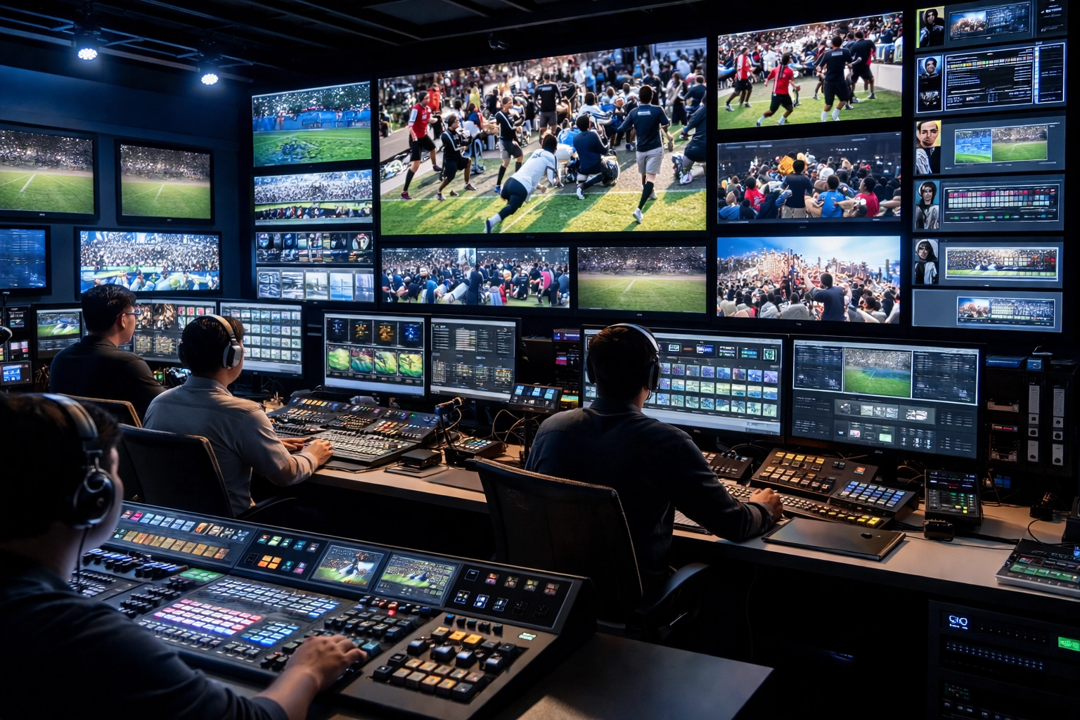Professional sports media control room with editors managing real-time content distribution across multiple screens
