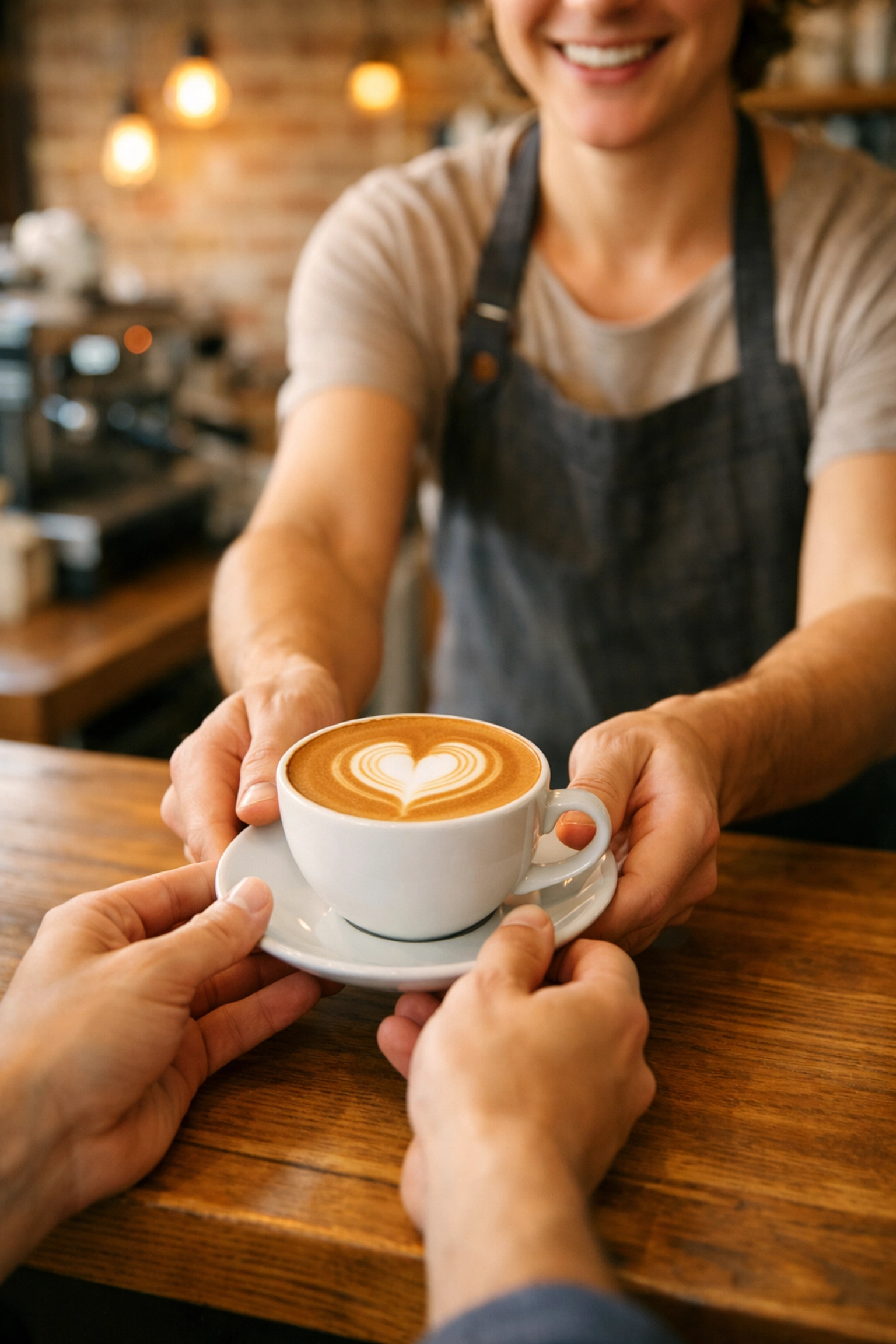 Barista serving a fresh latte with heart latte art to a customer, showcasing high-quality coffee service.