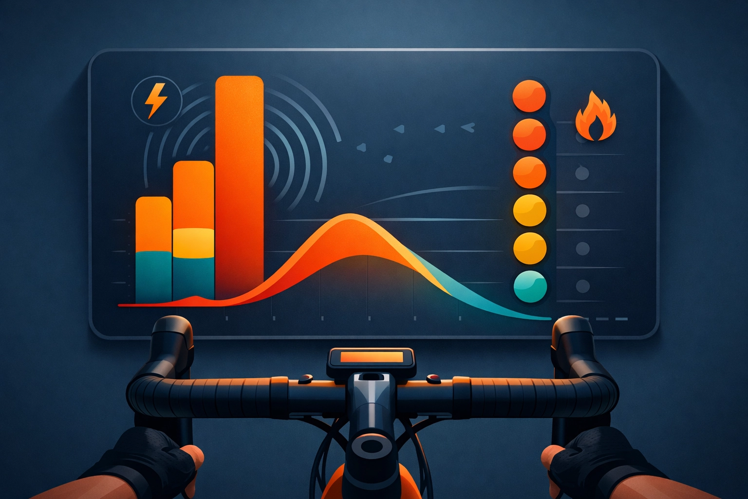 Cycling dashboard with real-time power metrics for an FTP test indoor cycling session.