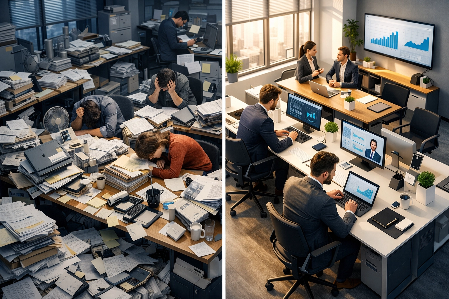 Office transformation showing automation benefits: chaotic workflows versus streamlined efficient processes