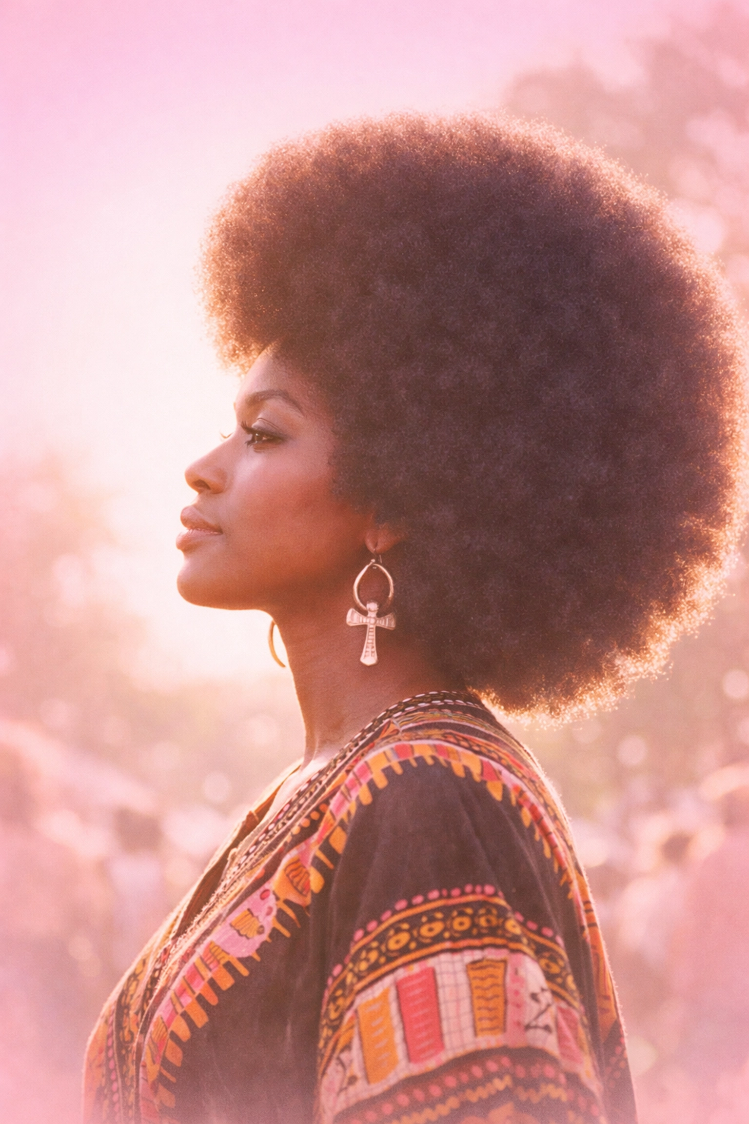Black woman with Afro hairstyle symbolizing 1960s natural hair movement and Black pride