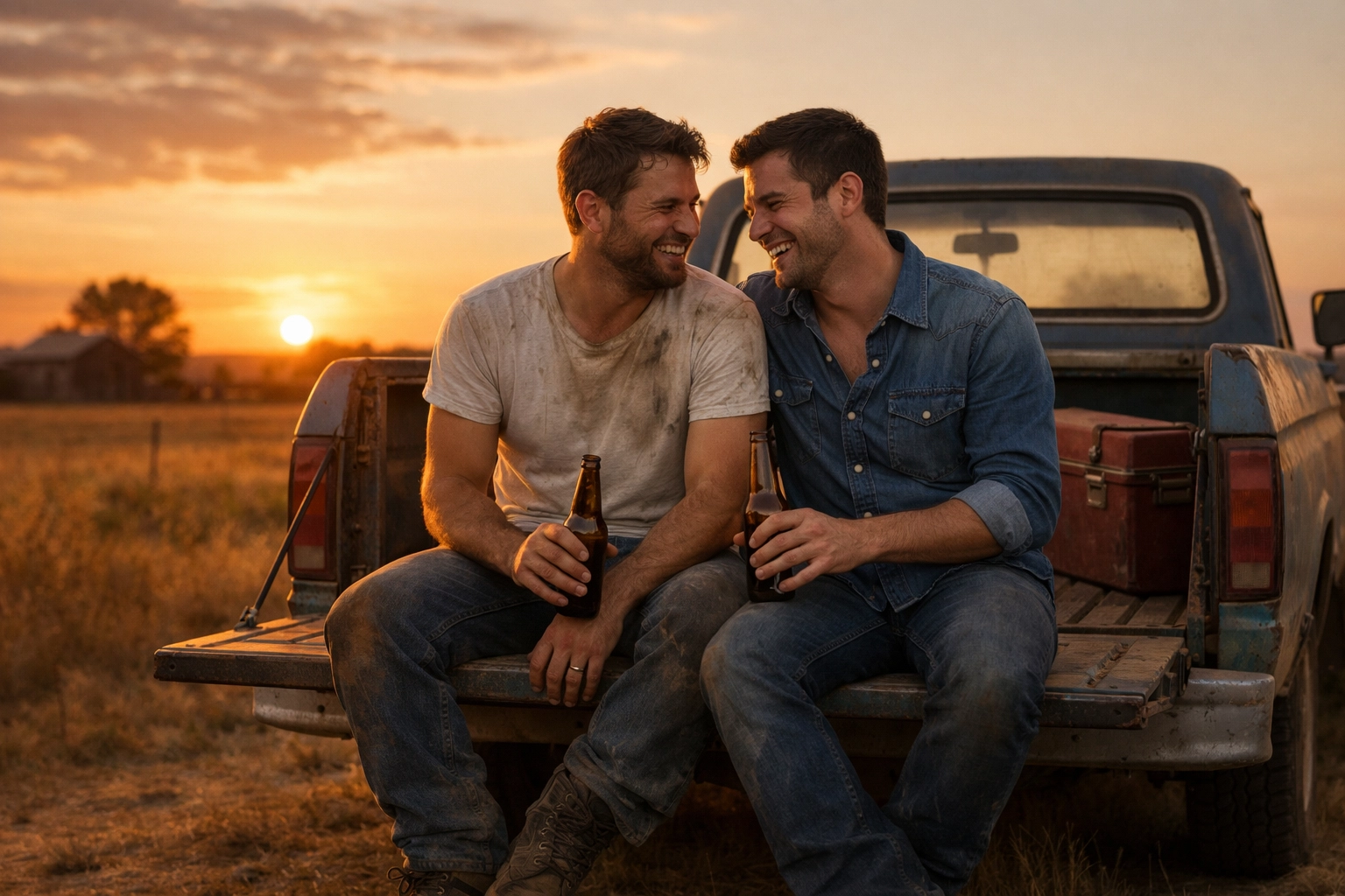 Gay couple laughing on a pickup truck tailgate, illustrating a blue-collar gay romance setting.