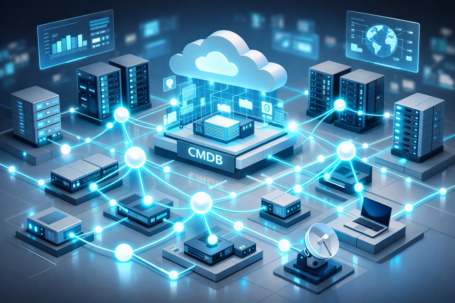 AI-powered ServiceNow CMDB network visualization showing automated relationship mapping and configuration intelligence