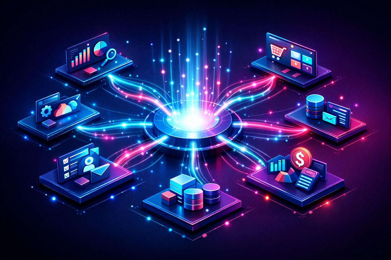 Can Custom Software Development Really Help You Scale? Find Out What 50+ SMBs Learned 4 Interconnected business systems visualization showing integrated automation and data flow