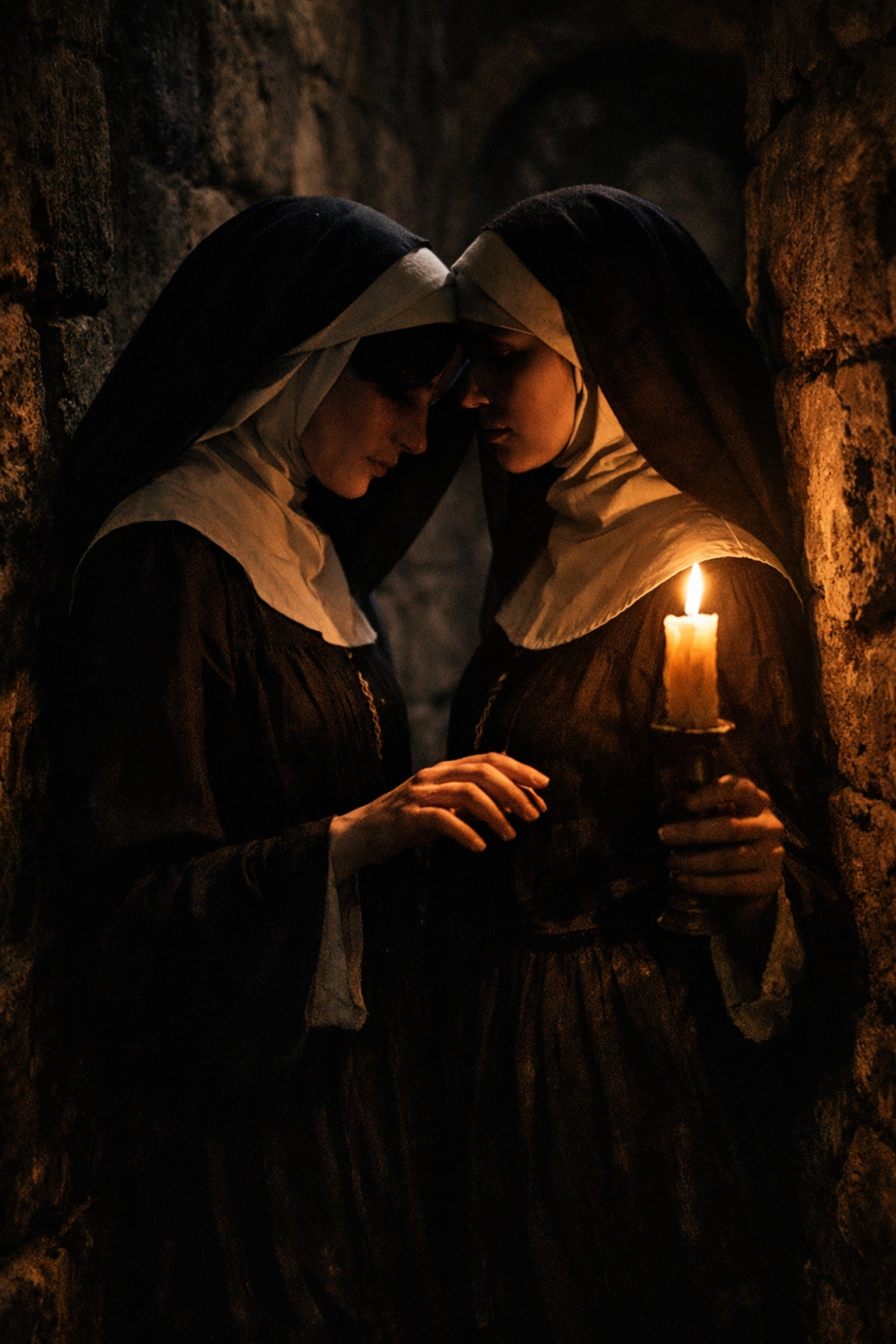 Two nuns sharing forbidden intimacy in monastery corridor, depicting lesbian love in Diderot's The Nun