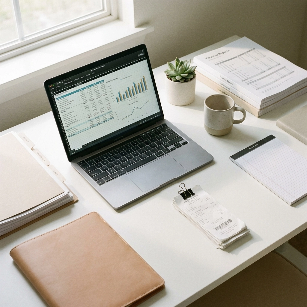 Modern office desk with organized tax documents, receipts, and bookkeeping tools for year-round tax practice management