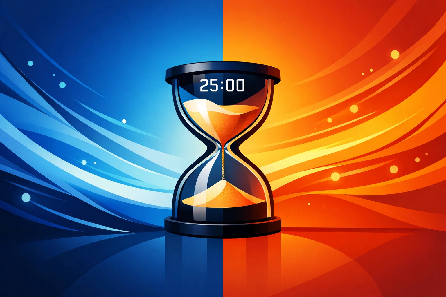 Timer surrounded by flowing energy illustrating focused work intervals and creative rhythm