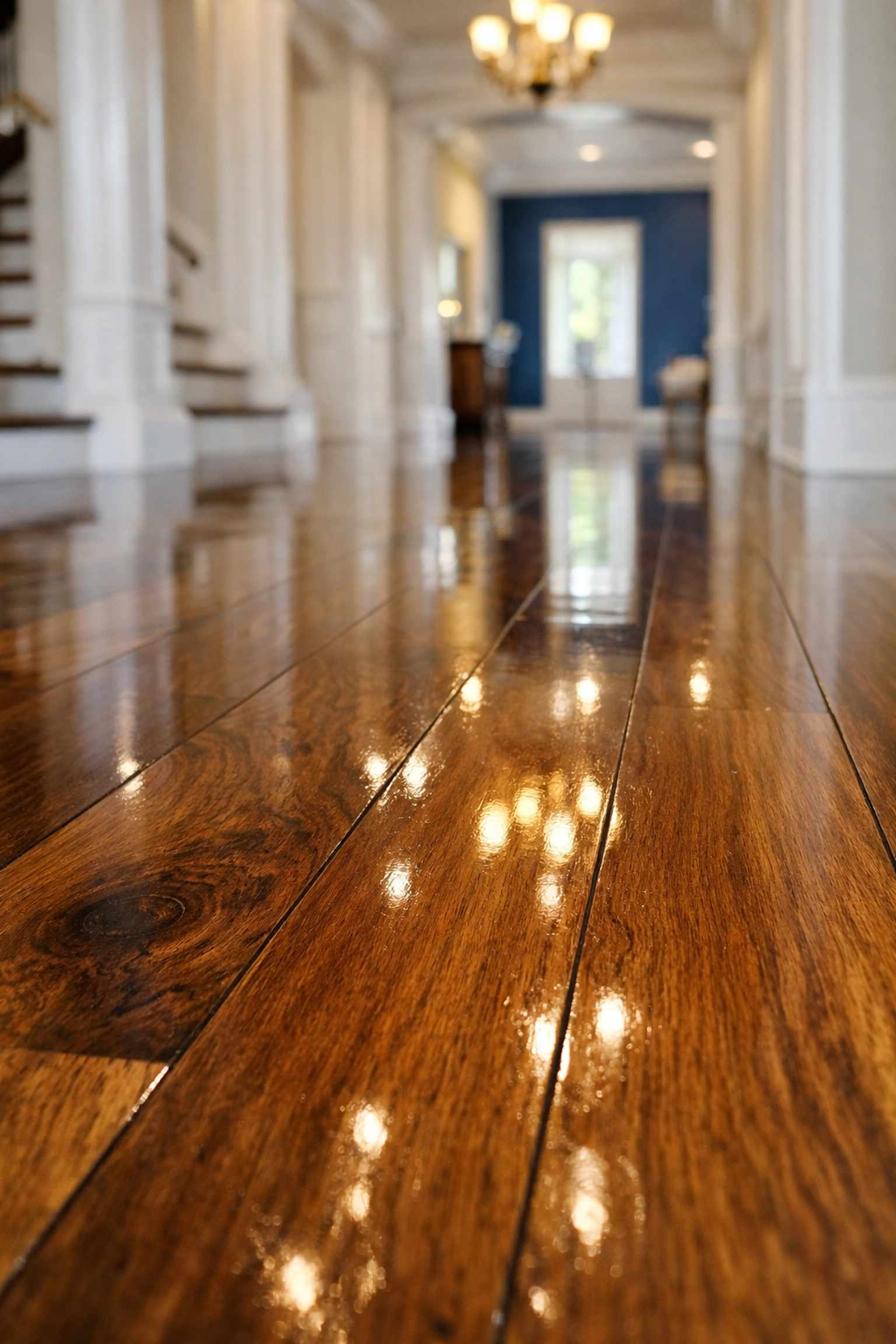 Shining wide-plank hardwood floors reflecting a clean foyer after post construction cleaning Walpole.