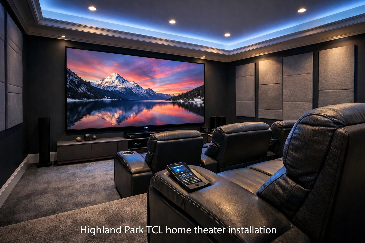 Highland Park home theater featuring 115-inch TCL TV with recessed lighting