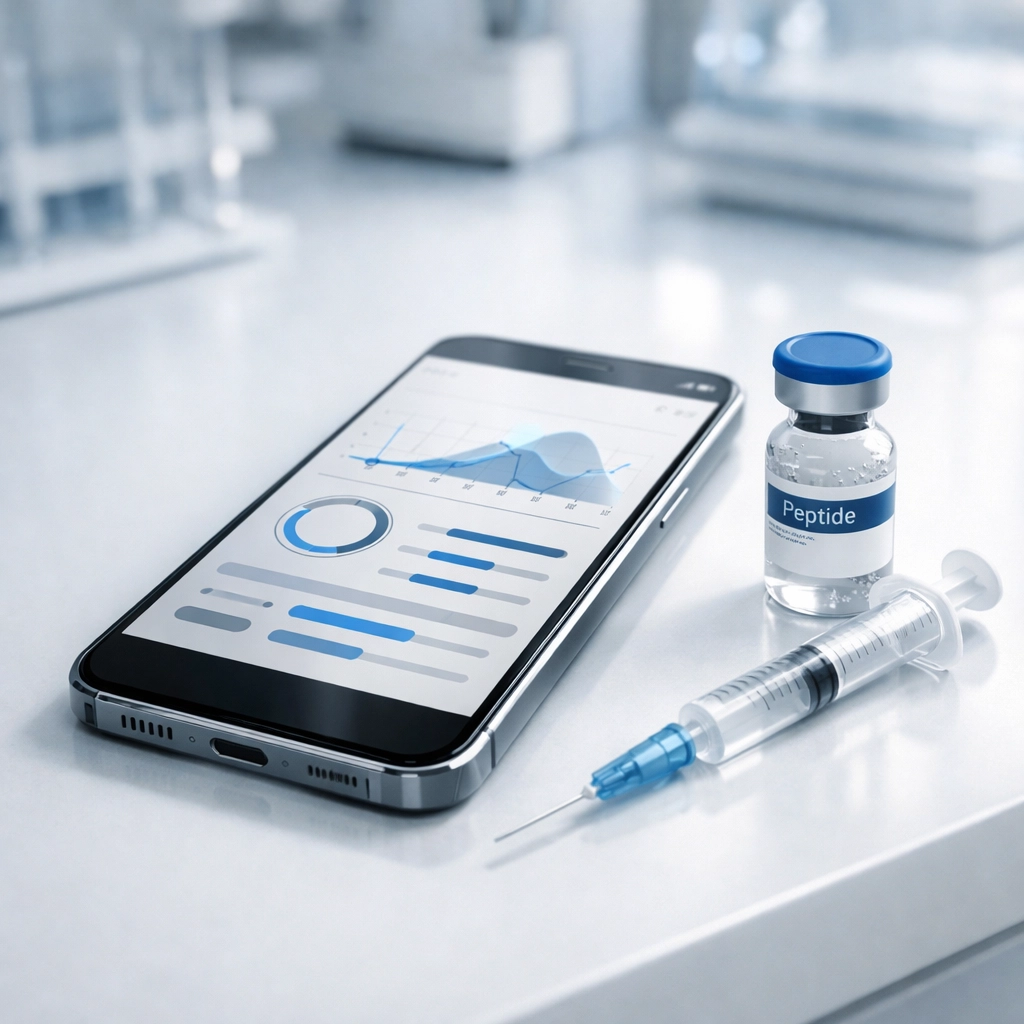 Using a digital peptide calculator tool on a smartphone for accurate dosing and measurement.