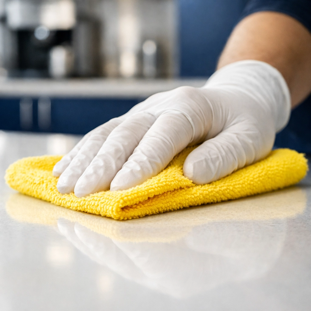 Specialist sanitizing a luxury corporate breakroom surface to ensure high-end janitorial services Massachusetts standards.