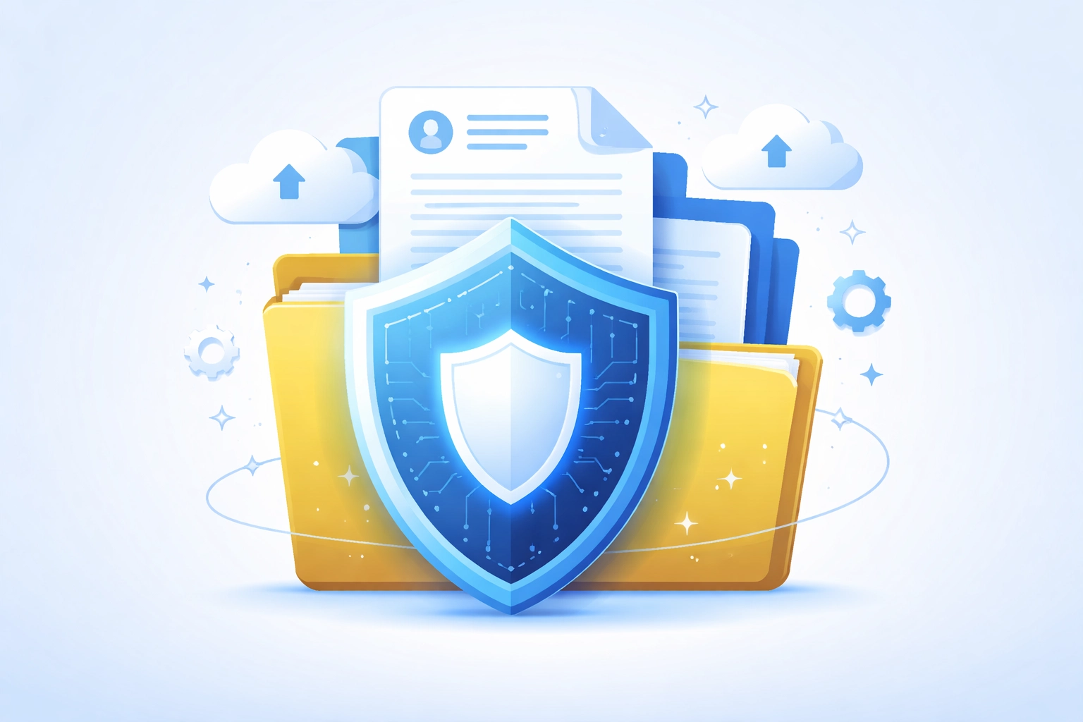 Illustration of a secure digital shield protecting documents, representing a data recovery plan for businesses