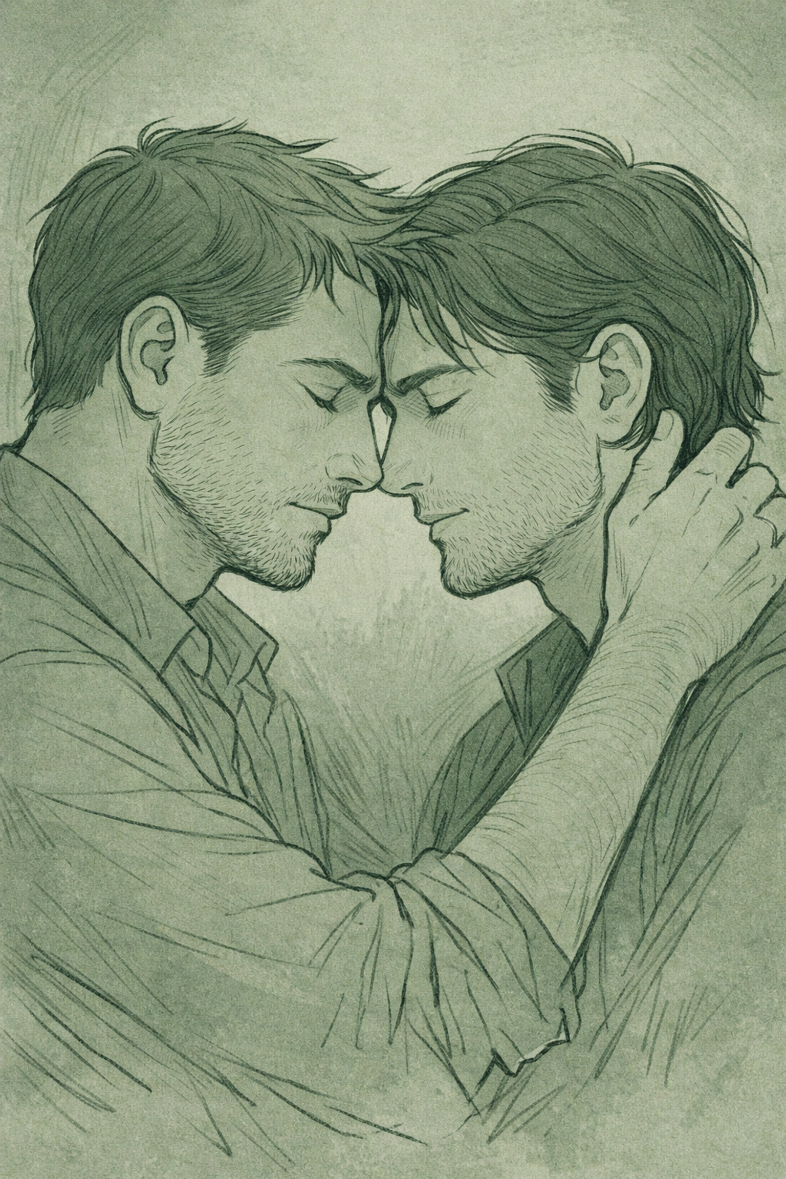 Two men in close intimate moment representing authentic connection in MM romance novel