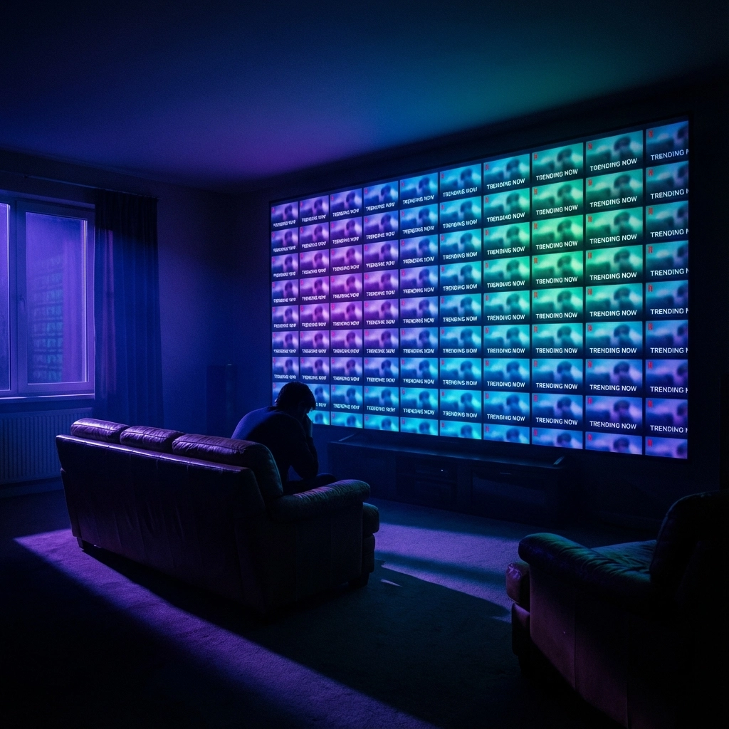 Person sitting in a dim room, facing a large wall of screens with "TRENDING NOW" text. Purple and blue lighting creates a reflective mood.